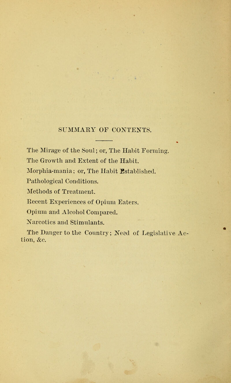 SUMMAEY OF CONTENTS. The Mirage of the Soul; or, The Habit Forming. The Growth and Extent of the Habit. Morphia-mania; or, The Habit Established. Pathological Conditions. Methods of Treatment. Recent Experiences of Opium Eaters. Opium and Alcohol Compared. Narcotics and Stimulants. The Danger to the Country; Need of Legislative Ac- tion, &c.