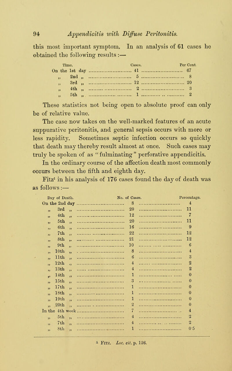 this most important symptom. In an analysis of 61 cases he obtained the following results :— Time. Cases. Per Cent On the 1st day 41 67 2nd „ 5 8 3rd „ 12 20 „ 4th „ 2 3 5th „ 1 2 These statistics not being open to absolute proof can only be of relative value. The case now takes on the well-marked features of an acute suppurative peritonitis, and general sepsis occurs with more or less rapidity. Sometimes septic infection occurs so quickly that death may thereby result almost at once. Such cases may truly be spoken of as  fulminating  perforative appendicitis. In the ordinary course of the affection death most commonly occurs between the fifth and eighth day. Fitz1 in his analysis of 176 cases found the day of death was as folloAvs:— Day of Death. No. of Cases. 8 Percentage. 4 3rd „ 20 11 , 4th „ 12 7 5th , 20 11 6th „ 16 9 7th , 22 12 8th , 21 12 9th „ 10 8 6 , 10th „ . ... 4 , 11th „ 6 3 12th „ 4 2 , 13th „ 4 2 , 14th „ 1 0 15th , 3 0 „ 17th „ 1 0 „ 18th , 1 0 „ 19th „ 1 0 , 20th 2 0 4 4 2 7th „ 4 1 .., 2 8th „ 0-5 x Fitz. Loc. cit. p. 126.