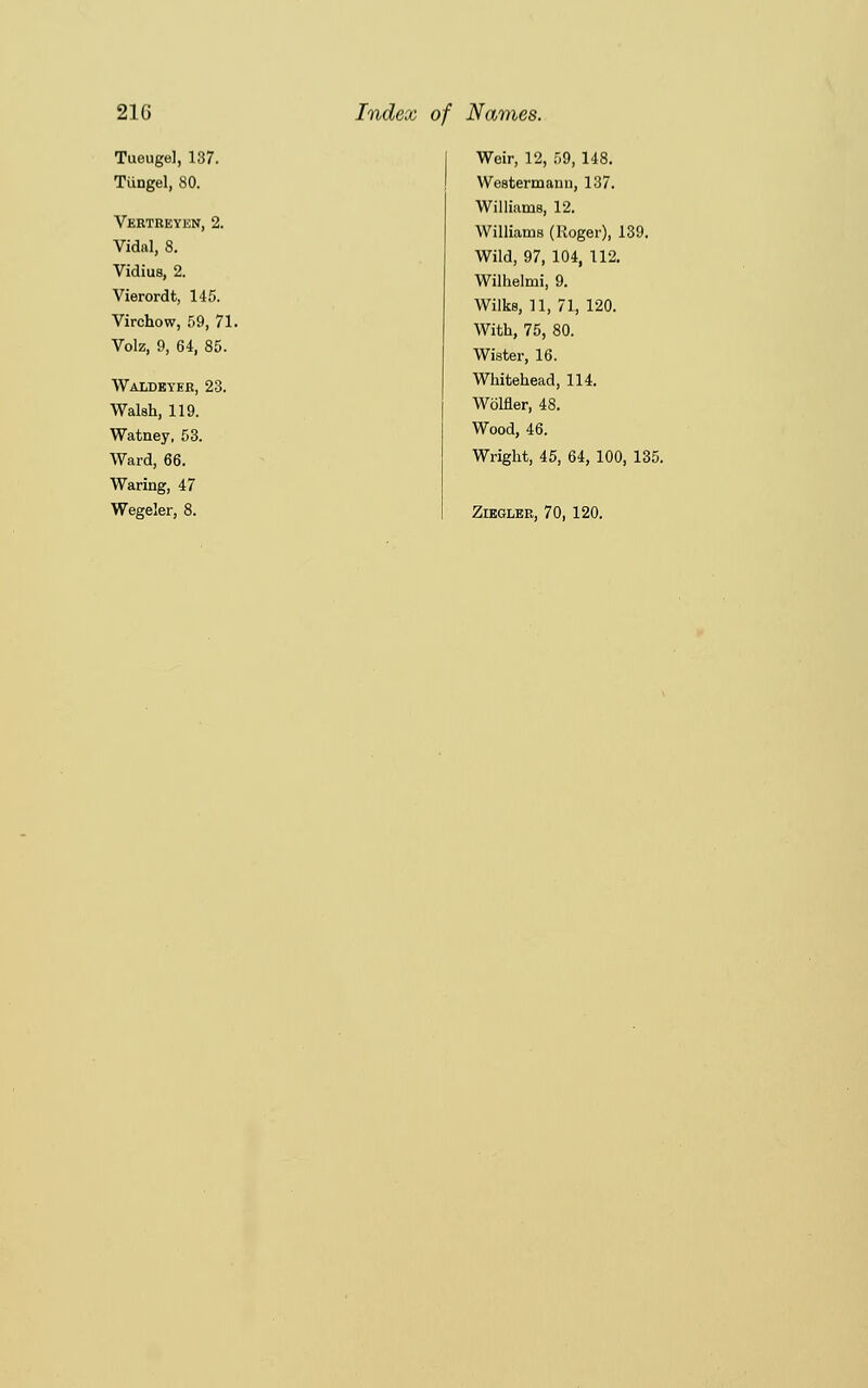 Tueugel, 137. Tiingel, 80. Vertreyen, 2. Vidal, 8. Vidius, 2. Vierordt, 145. Virchow, 59, 71. Volz, 9, 64, 85. Waldeter, 23. Walsh, 119. Watney, 53. Ward, 66. Waring, 47 Weir, 12, 59, 148. Westermann, 137. Williams, 12. Williams (Roger), 139. Wild, 97, 104, 112. Wilhelmi, 9. Wilks, 11, 71, 120. With, 75, 80. Wister, 16. Whitehead, 114. Wolfler, 48. Wood, 46. Wright, 45, 64, 100, 135.