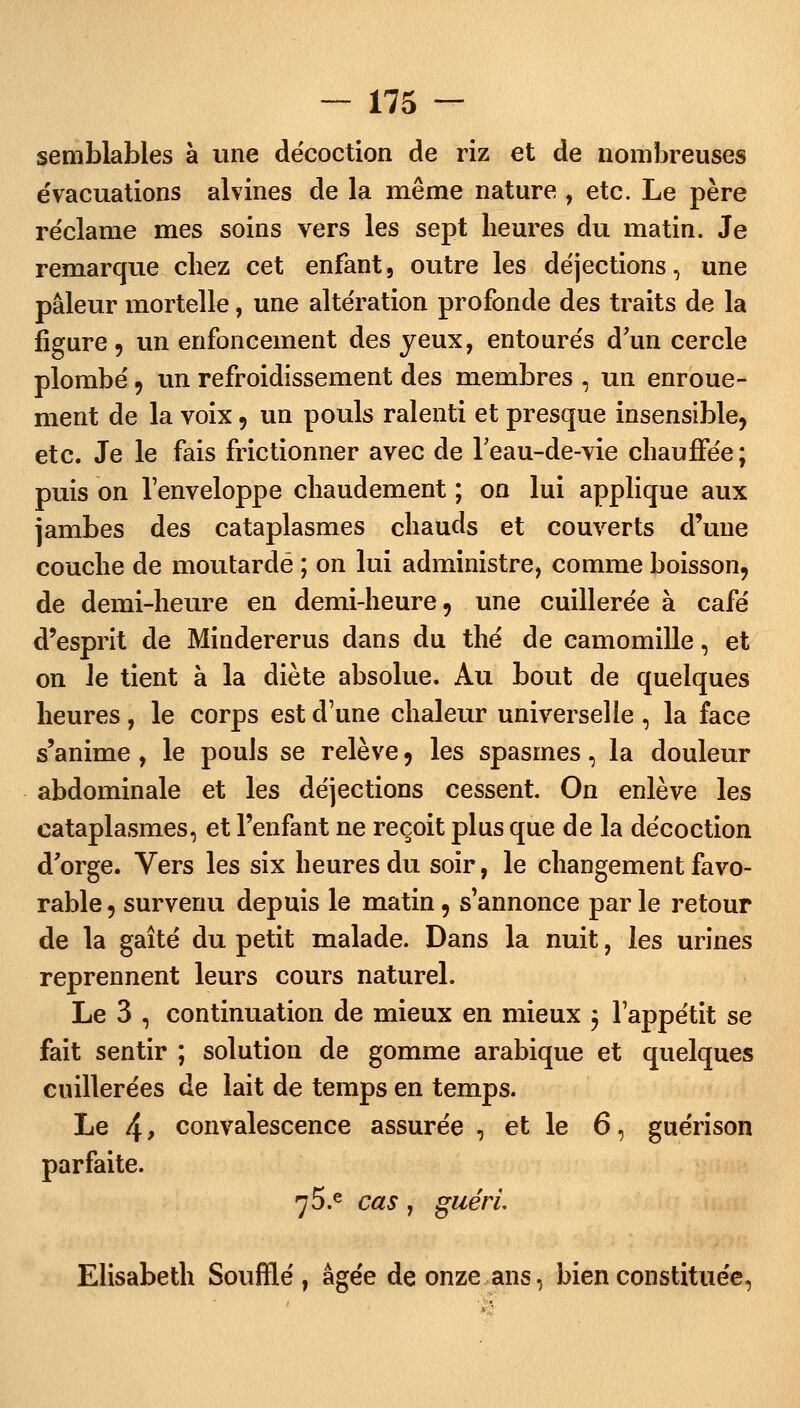 semblables à une décoction de riz et de nombreuses e'vacuations alvines de la même nature , etc. Le père réclame mes soins vers les sept heures du matin. Je remarque chez cet enfant, outre les déjections, une pâleur mortelle, une altération profonde des traits de la figure, un enfoncement des yeux, entourés d'un cercle plombé, un refroidissement des membres , un enroue- ment de la voix, un pouls ralenti et presque insensible, etc. Je le fais frictionner avec de Teau-de-vie chauffée ; puis on l'enveloppe chaudement ; on lui applique aux jambes des cataplasmes chauds et couverts d'une couche de moutarde ; on lui administre, comme boisson, de demi-heure en demi-heure, une cuillerée à café d'esprit de Mindererus dans du thé de camomille, et on le tient à la diète absolue. Au bout de quelques heures, le corps est d'une chaleur universelle , la face s'anime , le pouls se relève, les spasmes, la douleur abdominale et les déjections cessent. On enlève les cataplasmes, et l'enfant ne reçoit plus que de la décoction d'orge. Vers les six heures du soir, le changement favo- rable , survenu depuis le matin, s'annonce par le retour de la gaîté du petit malade. Dans la nuit, les urines reprennent leurs cours naturel. Le 3 , continuation de mieux en mieux 5 l'appétit se fait sentir ; solution de gomme arabique et quelques cuillerées de lait de temps en temps. Le 4> convalescence assurée , et le 6, guérison parfaite. 75.e cas, guéri. Elisabeth Soufflé, âgée de onze ans, bien constituée,