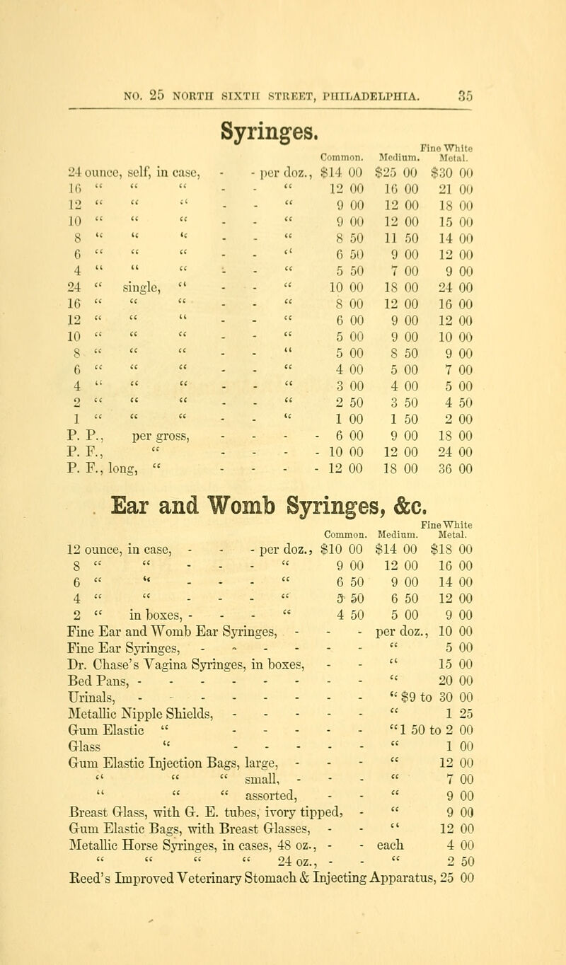 Syringes, i F ine White Common. Medium. Metal. 24 ounce, self, in case, - - per doz., SI 1 (1(1 $25 00 $30 00 II)  u ii - tt 12 00 1G 00 21 00 12  u .-i - tt 9 00 12 00 18 00 10  u it - ft 9 00 12 00 15 00 8 u it « - tt 8 50 11 50 14 00 6  it it - f 0 50 9 00 12 00 4   ct - tt 5 50 7 00 9 00 24  single,  - it 10 00 18 00 24 00 16  it a - tt 8 00 12 00 16 00 12 « ft u - tt 6 00 9 00 12 00 10  If 11 - ft 5 00 9 00 10 00 8  ft fl - tt 5 00 8 50 9 00 6  If tf - tt 4 00 5 00 7 00 4  ft ft - tt 3 00 4 00 5 00 2  ft ft - tt 2 50 3 50 4 50 1  ft ft - tt 1 00 1 50 2 00 P.P., per gross, - . ■ 6 00 9 00 18 00 P. F., tt - . - 10 00 12 00 24 00 P. F., long,  - - ■ 12 00 18 00 36 00 Ear and Womb Syringes, &c. Fine White Common. Medium. Metal. 12 ounce, in case, - - per doz., $10 00 $14 00 $18 00 8  tt - tt 9 00 12 00 16 00 6  it - tt 6 50 9 00 14 00 4  tt - tt 3*50 6 50 12 00 2  in boxes, - - f« 4 50 5 00 9 00 Fine Ear and Womb Ear Syringes, - per doz.. , 10 00 Fine Ear Syringes, ■ - - <t 5 00 Dr. Chase's Vagina Syringes , in boxes, - tt 15 00 Bed Pans !,  ft 20 00 Urinals, .  $9 to 30 00 Metallic Nipple Shields, - - - tt 1 25 Grum Elastic  - - -  1 50 to 2 0 Glass U - - - tt 1 00 Gum Elastic Injection Bags, large, - - tt 12 00 a ft tt small, - tt 7 00 ii ft tt assorted, - tt 9 00 Breast G-lass, with G-. E . tubes, ivory tipped, - tt 9 00 Gum Elastic Bags, with Breast Glasses, - tt 12 00 Metallic Horse Syringes , in cases, 48 oz., - each 4 00 (i ff tf  24 oz., tt 2 50 Reed's Improved Veterinary Stomach & Injecting Apparatus, 25 00