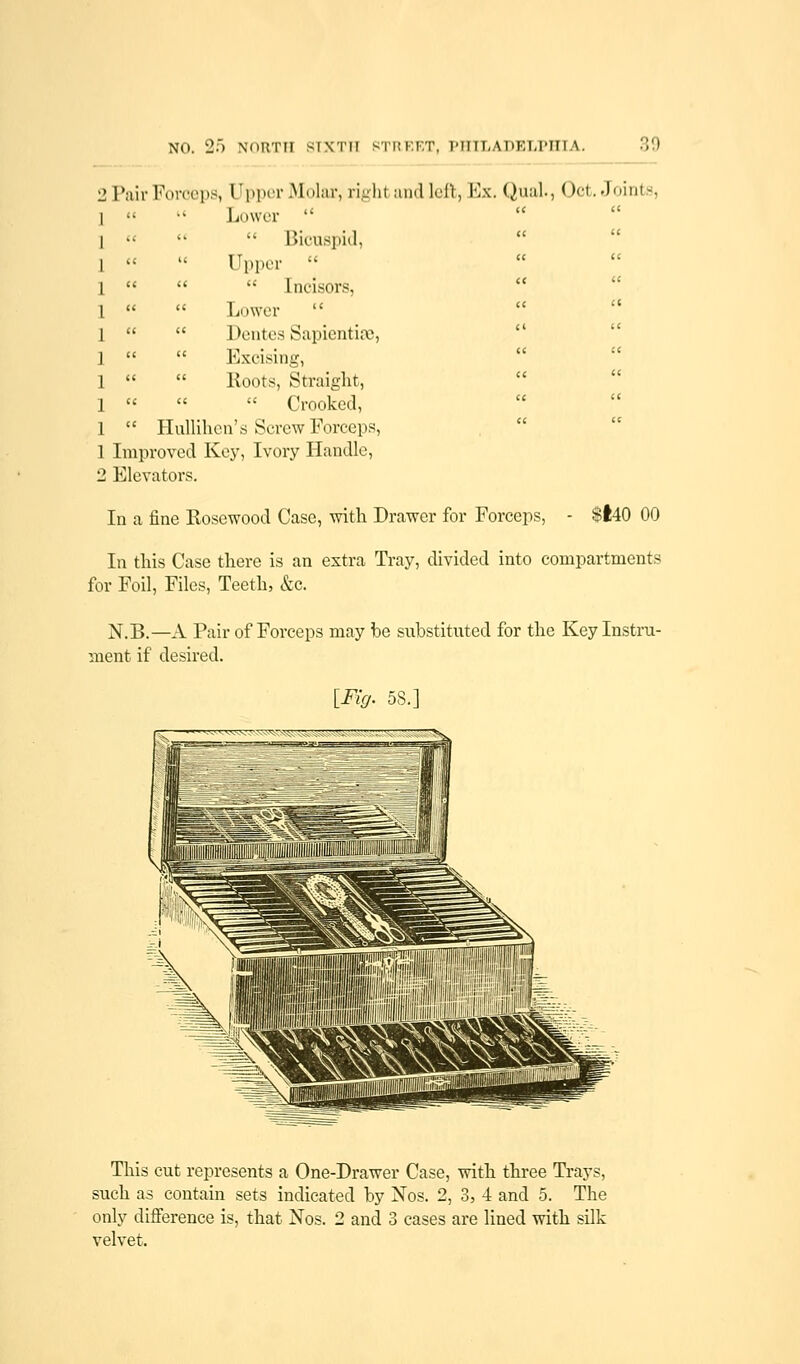 i> Pair Forceps, Upper Molar, right andleft, Ex. Qua!., Oct. Joints,   Lower  «   Bicuspid,  Upper     Incisors,    Lower     Dentes Sapientiae,   Excising,  Roots, Straight, «   Crooked,  Hullihcn's Screw Forceps, Improved Key, Ivory Handle, 2 Elevators. In a fine Rosewood Case, with Drawer for Forceps, - $t40 00 In this Case there is an extra Tray, divided into compartments for Foil, Files, Teeth, &c. N.B.—A Pair of Forceps may be substituted for the Key Instru- ment if desired. [Fig. 58.] This cut represents a One-Drawer Case, with three Trays, such as contain sets indicated by Nos. 2, 3, 4 and 5. The only difference is, that Nos. 2 and 3 cases are lined with silk velvet.