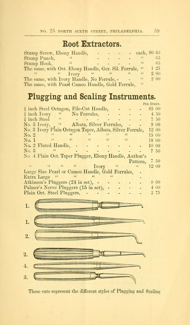 Root Extractors. Stump Screw, Ebony Handle, .... each, $0 63 Stump Punch, « ..-'-« 63 Stump Hook, « .... « 63 The same, with Oct. Ebony Handle, Gcr. Sil. Ferrule,  1 25 « « Ivory     2 00 The same, with Ivory Handle, No Ferrule, - -  2 00 The same, with Pearl Cameo Handle, Gold Ferrule,  Plugging and Scaling Instruments. Per Dozen. £ inch Steel Octagon, File-Cut Handle, - - 85 00 £ inch Ivory  No Ferrules, - - - - 4 50 | inch Steel  7 50 No. 3 Ivory,  Albata, Silver Ferrules, - - 9 00 No. 3 Ivory Plain Octagon Taper, Albata, Silver Ferrule, 12 00 No. 2      15 00 No. 1     « 18 00 No. 2 Fluted Handle, 10 00 No. 3 « 7 50 No 4 Plain Oct. Taper Plugger, Ebony Handle, Authur's Pattern, 7 50     Ivory   12 00 Large Size Pearl or Cameo Handle, Gold Ferrules, Extra Large    » Atkinson's Pluggers (24 in set), 8 00 Palmer's Nerve Pluggers (15 in set), - - - - 4 00 Plain Oct. Steel Pluggers, 3 75 1. These cuts represent the different styles of Plugging and Scaling
