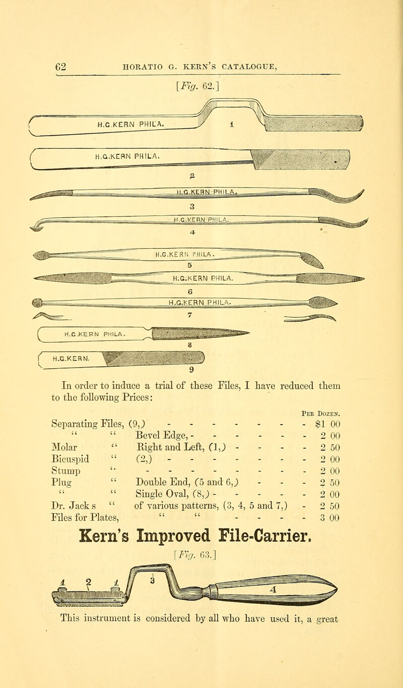 [Fig. 62.] ^\ H.G.KERN PHILA. __J/ 1 ( H,Q.KERN PHILA. 1 3 ..H.C.KERN PHILA-- H.G.KERN PHILA. 5 ^ H.G.KERN PHILA. 6 7 f H.C.KERN PHILA. 8 ( H.G.KERN. liP^r _J) k = g In order to induce a trial of these Files, I have reduced them to the following Prices: Pee Dozen. Separating Files, (9, J - $1 00   Bevel Edge, 2 00 Molar  Right and Left, (1,) - - - - 2 50 Bicuspid  (2,) - 2 00 Stump '• - 2 00 Plug  Double End, (5 and 6,J> - - - 2 50 Single Oval, (8,) - - - - - 2 00 Dr. Jacks  of various patterns, (3, 4, 5 and 7,) - 2 50 Files for Plates,   - - - - 3 00 Kern's Improved File-Carrier. [Fig. 63.] 12 1 This instrument is considered by all who have used it, a great