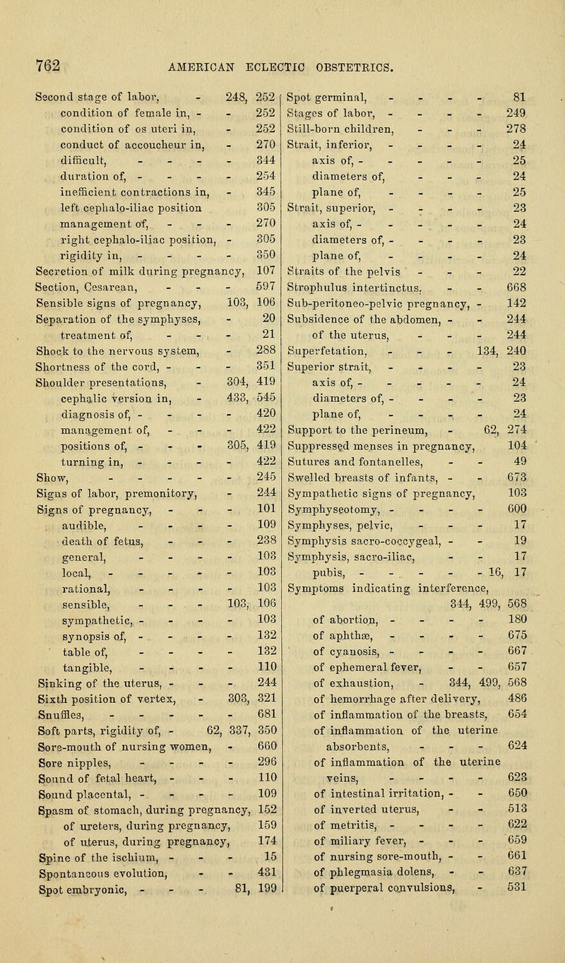 Second stage of laboi*, 248, 252 condition of female in, - - 252 condition of os uteri in. - 252 conduct of accoucheur in, - 270 difficult, _ _ . - 344 duration of, - - 254 inefEicient contractions in, - 345 left cephalo-iliac position 305 management of. - 270 right cephalo-iliac position, - 305 rigidity in, - - 350 Secretion of milk during pregnancy. 107 Section, Cesarean, - 597 Sensible signs of pregnancy, 103, 106 Separation of the symphyses, - 20 treatment of, - 21 Shock to the nervous system. - 288 Shortness of the cord, - - 351 Shoulder presentations. 304, 419 cephalic version in. 433, 545 diagnosis of, - - 420 management of. - 422 positions of, - 305, 419 turning in, - - 422 Show, _ _ _ _ - 245 Signs of labor, premonitory. - 244 Signs of pregnancy. - 101 audible, _ - - - 109 death of fetus. - 238 general, _ . - - 108 local, - - - - - 103 rational, _ - - - 103 sensible, - - - 103, 106 sympathetic, - - - - 103 synopsis of, - - - - 132 ■ table of, _ _ - - 132 tangible, _ - - - 110 Sinking of the uterus, - -. 244 Sixth position of vertex. 303, 321 Snuffles, - _ . - - 681 Soft parts, rigidity of, - 62 337, 350 Sore-mouth of nursing women. - 660 Sore nipples, _ - - - 296 Sound of fetal heart, - - 110 Sound placental, - - - - 109 Spasm of stomach, during pregnancy. 152 of ureters, during pregnancy, 159 of nterus, during pregnancy, 174 Spine of the ischium, - - 15 Spontaneous evolution, - 431 Spot embryonic, - - - 81, 199 134, 62, Spot germinal, - - - Stages of laboi*, - - - * Still-born children, _ _ _ Strait, inferior, - _ - _ axis of, - diameters of, _ - _ plane of, _ _ _ _ Strait, superior, - _ _ _ axis of, - - - - diameters of, - plane of, _ _ _ _ Straits of the pelvis - - - Strophulus intertinctus. Sub-peritoneo-pelvic pregnancy, - Subsidence of the abdomen, - of the uterus, _ _ - Superfetation, Superior strait, axis of, - diameters of, - plane of. Support to the perineum, Suppressed menses in pregnancy. Sutures and fontanelles, Swelled breasts of infants, - Sympathetic signs of pregnancy. Symphyseotomy, - - - - Symphyses, pelvic, _ _ _ Symphysis sacro-coccygeal, - Symphysis, sacro-iliac, pubis, - - . - - - 16. Symptoms indicating interference, 344, 499, 568 of abortion, - - - - 180 of aphthse, - - - - 675 of cyanosis, - - - - 667 of ephemeral fever, - - 657 of exhaustion, - 344, 499, 668 of hemorrhage after delivery, 486 of inflammation of the breasts, 654 of inflammation of the uterine absorbents, _ . - 624 of inflammation of the uterine veins, _ _ _ - 623 of intestinal irritation, - - 650 of inverted uterus, - - 513 of metritis, - - - - 622 of miliary fever, _ - - 659 of nursing sore-mouth, - - 661 of phlegmasia dolens, - - 637 of puerperal convulsions, - 531 81 249 278 24 25 24 25 23 24 23 24 22 668 142 244 244 240 23 24 23 24 274 104 49 673 103 600 17 19 17 17