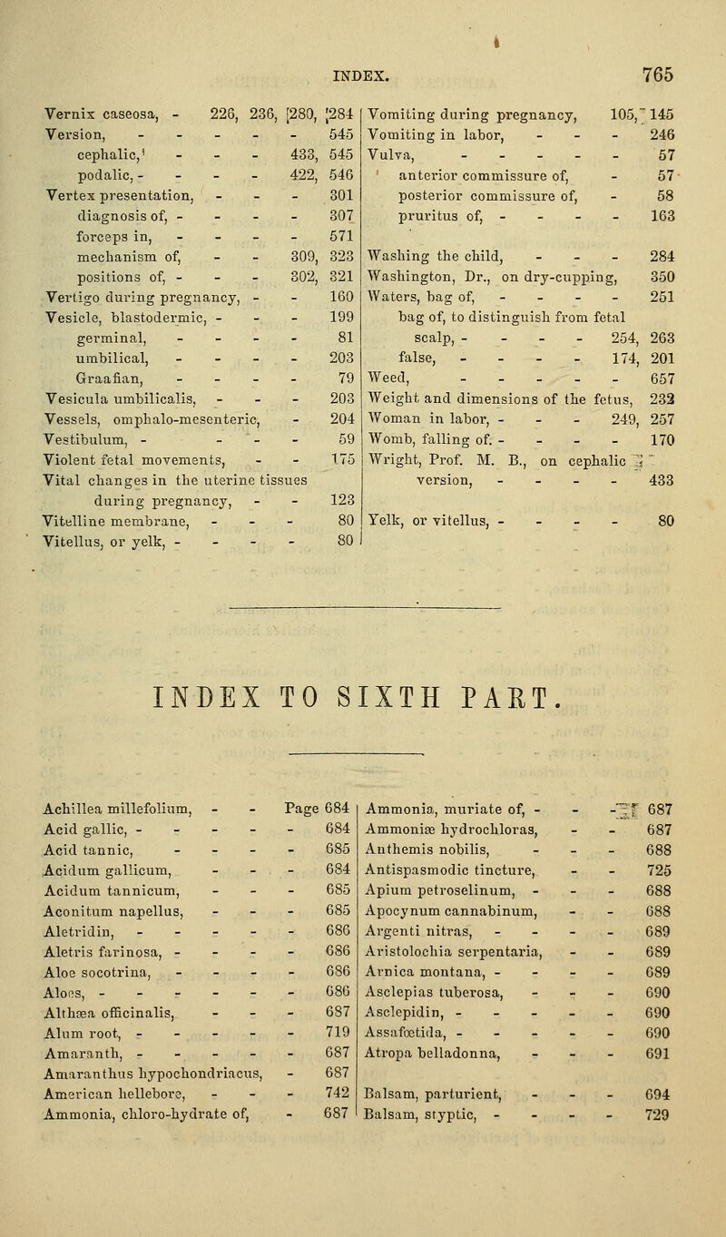 433, 422, 309, 302, Vernix caseosa, - 226, 286, [280, Version, _ - _ _ _ cephalic,' podalic, - - - . Vertex presentation, diagnosis of, - forceps in, mechanism of, positions of, - Vertigo during pregnancy, - Vesicle, blastodermic, - - - germinal, _ _ _ _ umbilical, - - _ _ Graafian, _ _ _ . Vesicula umbilicalis, - - - Vessels, omphalo-mesenteric, Vestibulum, - - - Violent fetal moTcments, Vital changes in the uterine tissues during pregnancy, Vitelline membrane, _ - - Vitellus, or yelk, - - - - ;284 545 545 546 301 307 571 323 821 160 199 81 203 79 208 204 59 175 123 80 80 Vomiting during pregnancy. Vomiting in labor, Vulva, . . . . anterior commissure of, posterior commissure of, pruritus of, - 105, 145 246 57 57- 58 163 Washing the child, . _ _ 284 Washington, Dr., on dry-cupping, 350 Waters, bag of, - - - - 251 bag of, to distinguish from fetal scalp, - - . . 254, 263 false, - - - - 174, 201 Weed, 657 Weight and dimensions of the fetus, 232 Woman in labor, - - _ 249, 257 AVomb, falling of. - - - - 170 Wright, Prof. M. B., on cephalic 7i  version, - _ _ Yelk, or vitellus, - 433 80 INDEX TO SIXTH PART Achillea millefolium. - - Page 684 Acid gallic, - - - - 684 Acid tannic. - - - 685 Acidum gallicum, - - - 684 Acidum tannicum. - - - 685 Aconitum napellus, - - - 685 Aletridin, - - - 686 Aletris farinosa, - - - - 686 Aloe socotrina. - - - 686 Aloes, - - - - - - G80 Althasa officinalis, - - - 687 Alum root, - - - - 719 Amaranth, - - - - 687 Amaranthus hypochondriacus, - 687 American hellebore. - - - 742 Ammonia, chloro-hydrate of. - 687 Ammonia, muriate of, - Ammonife hydrochloras, Anthemis nobilis, Antispasmodic tincture, Apium petroselinum, - Apocynum cannabinum, Argenti nitras, Aristolochia serpentaria. Arnica montana, - Asclepias tuberosa, Asclepidin, - - - Assafoetida, - - Atropa belladonna. Balsam, parturient. Balsam, styptic, - [f 687 ' 687 688 725 688 688 689 689 689 690 690 690 691 694 729