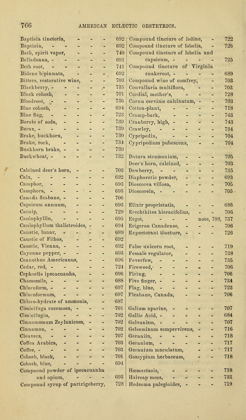 Baptisia tinctoria, - - - 692 Compound tincture of iodine. - 722 Baptisin, - - - 692 Compound tincture of lobel ia. - 726 Bath, spirit vapor, - - - 740 Compound tincture of lobel ia and Belladonna, - ■ - - - - 691 capsicum, - - - 725 Beth root, - - - 741 Compound tincture of V irginia Bidens bipinnata, - - 692 snakeroot, - - - 689 Bitters, restorative wine, - - 703 ■Compound wine of comfrey ) - 703 Blackberry, - - - ,- 735 Convallaria multiflora. - - 703 Black cohosh, - - - 701 Cordial, mother's. - - 728 Bloodroot, :- - - - 736 Cornu cervinee calcinatum, - - 703 Blue cohosh, - - - 694 Cotton-plant, - - 718 Blue flag, - - - 723 Cramp-bark, - - 743 Borate of soda, - - - 739 Cranberry, high, - - - 743 Borax, - - - - - - 739 Crawley, . _ _ - - 734 Brake, buckhorn, - - - 730 Cypripedin, - - 704 Brake, rock. - - - 734 Cypripedium pubescens, - - 704 Buckhorn brake, - - - - 730 Buckwheat, - - - - 732 Datura stramonium. Deer's horn, calcined, - - - 705 703 Calcined deer's horn, - - - ' 703 Dewberry, - . - - - 735 Calx, - - - - 692 Diaphoretic powder. - - 693 Camphor, - - - 693 Dioscorea villosa, - - 705 Camphora, - - - -, 693 Dioscorein, - - _ - - 705 Canada fleabane, - - - - 706 Capsicum annuum, - - - 693 Elixir proprietatis, - - 686 Catnip, - - - 729 Erechthites hieracifolius. - - 706 Caulophyllin, - - - 695 Ergot, note ,708, 737 Caulophyllum thalictroides, - - 694 Erigeron Canadense, - 706 Caustic, lunar. - - - 689 Expectorant tincture, - - - 726 Caustic of Filhos, - - - 692 Caustic, Vienna, - - - - 692 False unicorn root, _ _ 719 Cayenne pepper, - - - - 693 Female regulator, - ' - 738 Ceanothus Americanus, , - - 696 Feverfew, - - - - - 735 Cedar, red, - - - - 724 Fii'eweed, - - - ^ - 706 Cephaelis ipecacuanha. - - 696 Firing, . - . - - 706 Chamomile, - - - - 688 Five finger, - - - - - 734 Chloroform, - - - - 697 Flag, blue, - - - -- - 723 Chloroformum, - - - 697 Fleabane, Canada, - - 706 Chloro-hydrate of ammonia ) - 687 Cimicifuga racemosa. - - - 701 Galium aparine, - - - 707 Cimicifugin, - - - 702 Gallic Acid, - - - i - 684 Cinnamomum Zeylanicum, - - 702 Galvanism, - - - - - 707 Cinnamon, - - - - 702 Gelseminum sempervirens, - - 716 Cleavers, - - - 707 Geraniin, _ _ _ - - 718 CofFea Arabica, - - - 703 Geranium, - - - - - 717 Coffee, - - - - 703 Geranium maculatum. - - ■ 717 Cohosh, black, - - - 701 Gossypium herbaceum, - - 718 Cohosh, blue. - - - 694 Compound powder of ipecacuanha Hagmastasis, - - 718 and opium, - - - 693 Haircap moss, - - 733 Compound syi'up of p artrigeberi-y, 728 Hedeoma pulegioides, - - - 719