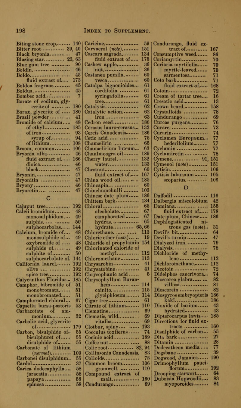 Biting stone crop 140 Bitter root 39, 40 Black bryonia 47 Blazingstar 23,63 Blue gum tree 90 Boldin 46 Boldo 45 fluid extract of 173 Boldoa fragrans 45 Boldus 45 Bombec acid...T 7 Borate of sodium, gly- ceriteof 180 Borax, glycerite of. 180 Brazil powder 41 Bromide of calcium 48 of ethyl 185 ofiron 93 syrup of 94 of lithium 108 Broom, common 106 Bryonia alba 4 46 fluid extract of 166 dioica « 46 black 47 Bryonin 47 Bryonitin 47 Bryony 46 Bryoretin 47 C Cajuput tree 192 Calcii bromidum 48 monosulphidum.... 49 sulphis 50 sulphocarbolas 144 Calcium, bromide of.... 48 monosulphide of... 49 oxybromide of ..... 48 sulphide of 49 sulphite of 50 sulphocarbolate of. 144 California laurel 192 olive 192 spice tree 192 Calycanthus Floridus... 185 Camphor, bibromide of 51 monobromata 51 monobromated 51 Camphorated chloral... 67 Capsella bursa-pastoris 53 Carbazotate of am- monium 32 Carbolic acid, glycerite of 179 Carbon, bisulphide of.. 55 bisulphuret of 55 disulphide of 55 Carbonate of lithium {normal) 109 Carbonei disulphidum.. 55 Cardol 37 Carica dodecaphylla..., 58 jaracatia 58 papaya 58 spinosa 58 Caricine 59 Carvacrol (note) 151 Cascara sagrada 134 fluid extract of 175 Cashew apple 36 nut 36 Castanea pumila 60 vesca 60 Catalpa bignonioides... 61 cordifolia 61 syringajfolia 61 tree 61 Catalysis 62 Catalytic action 62 iron 63 Cedron seed 186 Cerasus lauro-cerasus... 132 Cercis Canadensis 186 Cetic acid 75 Chamajlirin 65 Chamailirium luteum... 63 Chaulmoogra oil 189 Cherry laurel 132 water 133 Chestnut 60 fluid extract of 167 China wood oil .. 185 Chincapin... 60 ChinchumchuUi 103 Chinese date plum 186 Chittem bark 134 Chloral 65 alcoholate 67 camphorated 67 hydras... 65 hydrate 65,66 Chlorethane 113 Chloric ether {note)... .. 19 Chloride of propylamin 154 Chlorinated chloride of methyl 112 Chloromethane 113 Chrysarobin 41 Chrysatobine 41 Chrysophanic acid 5 Chrysophyllum Buran- hem 114 cainito 115 glyciphloeum 114 Cigar tree 61 Citrate of lithium 110 Clematine 69 Clematis, wild 69 vitalba 69 Clotbur, spiny 193 Cocculus toxiferus 74 Cocinic acid 189 Cofieenut 88 Colic root 82,94 Collinsonia Canadensis. 83 Colloids 78 Common broom 106 gromwell 110 Compound extract of malt 160 Condurango 69 Condurango, fluid ex- tract of 167 Consumptive weed 86 Coriamyrtin 70 Coriaria myrtifolia 70 myrtle-leaved 70 sarmentosa 71 Coto bark 71 fluid extract of 168 Cotoin 72 Cream of tartar tree.... 16 Cresotic acid 13 Crown beard 158 Crystalloids 78 Cundurango 69 Curcas purgans 76 Curare 73 Curarin 74 Cyclamen Europa?um... 77 hederifolium 77 Cyclamin 77 Cyclamiretin 78 Cymene 91, 151 Cymenol {note) 151 Cytisin.. 106 Cytisis laburnum 105 scoparius 106 D Daffodil 116 Dalbergia miscolobium 42 Damiana 155 fluid extract of 178 Date-plum, Chinese 186 Dephlogisticated ni- trous gas {note)., 31 Devil's bit... 64 Devil's turnip 47 Dialyzed iron 79 Dialysis 78 Dichloride of methy- lene 112 Dichloromethane 112 Dicotoin 72 Didelphos cancrivora... 74 Dioscorea glabra 82 villosa 81 Dioscorein 82 Diospvros embryopteris 186 kaki 186 Dioxide of barium 43 hydrated 43 Dipterocarpus la?vis 185 Directions for fluid ex- tracts 160 Disulphide of carbon... 55 Dita bark 27 Ditamin 28 Dodecatheon media 77 Dogsbane 39 Dogwood, Jamaica 190 Drimophyllum pauci- florum 192 Drooping starwort 64 Duboisia Hopwoodii.... 83 myoporoides 84