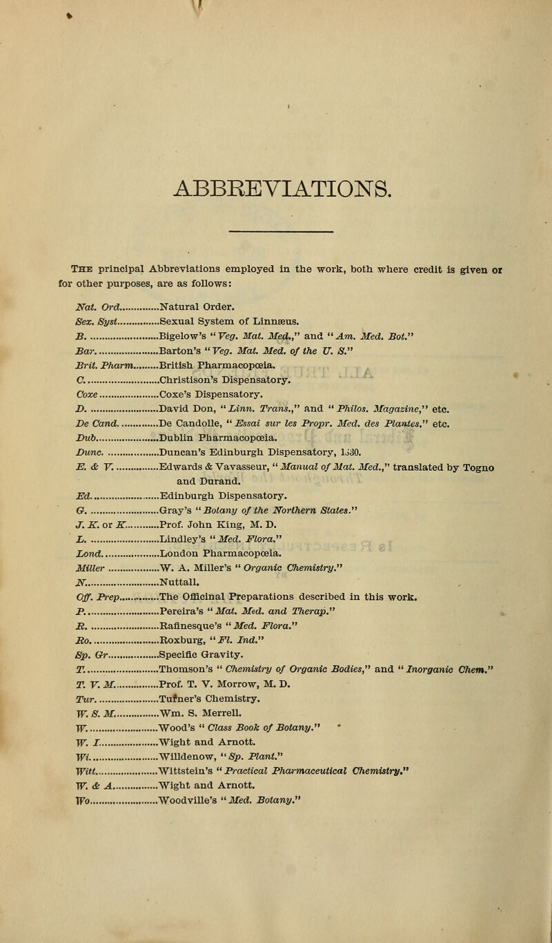 ABBREVIATIONS. The principal Abbreviations employed in the work, both where credit is given or for other purposes, are as follows: Nat. Ord Natural Order. Sex. Syst Sexual System of Linnaeus. B Bigelow's Veg. Mat. Med. and Am. Med. JBot. Bar Barton's Veg. Mat. Med. of the U. S. Brit. Pharm British Pharmacopoeia. C. Christison's Dispensatory. Coxe Coxe's Dispensatory. D. David Don, Linn. Trans. and  Philos. Magazine, etc. De Cand De Candolle,  Essai sur les Propr. Med. des Planies. etc. Bub Dublin Pharmacopoeia. Dune Duncan's Edinburgh Dispensatory, 1J30. E. & V. Edwards & Vavasseur,  Manual of Mat. Med. translated by Togno and Durand. Ed Edinburgh Dispensatory. G Gray's Botany of the Northern States. J.K.oxK. Prof. John King, M. D. L Lindley's Med. Flora. Lond London Pharmacopoeia. Miller W. A. Miller's  Organic Chemistry. N. Nuttall. Off. Prep The Officinal Preparations described in this work. P. Pereira's Mat. Med. and Therap. B Rafinesque's  Med. Flora. Bo Roxburg,  Fl. Ind. Sp. Or Specific Gravity. T. Thomson's  Chemistry of Organic Bodies and Inorganic Chem. T. V. M. Prof. T. V. Morrow, M. D. Tur Tufner's Chemistry. W. S. M. Wm, S. Merrell. W. Wood's  Class Book of Botany. W. I- Wight and Arnott. Wi WiUdenow, Sp. Plant. Witt Wittstein's Practical Pharmaceutical Chemistry, W. & A Wight and Arnott. Wo Woodville's Med. Botany.