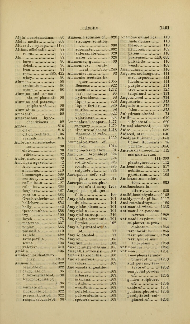 Alpinia cardamomum. 86 Alsiue media 809 Alterative syrup 1198 Althaea officinalis 87 rosea 88 Alum 89. burnt 90 dried 90 iron 91 root 385, 422 whey 90 Alumen 89 exsiccatum 90 ustuni 90 Alumina and ammo- nia, sulphate of 89 Alumina and potassa, sulphate of 89 Aluminium 89 Amaranth 92 Amaranthus hypo- chondriacus 92 Amber 815 oil of 816 oil of, rectified.... 1106 varnish 816 Ambrosia artemisiaefo- lia 93 elatior 93 trifida 92 Ambrosine 93 American agave 72 Aloe 72 anemone 110 broomrape 589 centaury 726 coffee-bean 407 Colombo 366 foxglove 387 gentian 383 Greek-valerian... 657 hellebore 852 holly 442 ipecacuanha....... 356 ivy 100 larch 475 mezereon 337 poplar 665 Pulsatilla 110 saoicle 422 sarsaparilla 124 senna 193 valerian 319 Amidin 105 Amido-chlorideof mer- cury 1279 Ammonia.. 95, 922 benzoate of 922 carbonate of. 96 cliloro-hydrate of, 98 hypophosphite of, 1196 muriate of 98 phosphate of 922 preparations of... 922 sesquicarbonate of 96 Ammonia solution of.. 928 stronger solution of 930 succinate of. 1032 valerianate of..... 923 water of 928 Ammoniac, gum 93 Ammoniacal oint- ment 930, 1246 Ammoniacum 93 Ammoniae acetatis li- quor 1055 Benzoas 922 arsenias 1272 carbonas 96 hydrochloras 98 liquor 928 liquor fortior 930 murias 98 phosphas 922 valerianas 923 Ammoniated copper... 1277 mercury 1279 tincture of castor 1218 tincture of vale- rian 1239 Ammonio-citrate of iron 1014 Ammonio-ferric alum. 91 Ammonium,bromide of 924 bromidum 924 iodide of 925 iodidum 925 sulphide of. 924 Amorphous soft sul- phur 817 Amorphous tersulphu- ret of antimony 1263 Ampelopsis quinque- folia 100 Amygdala amara 101 dulcis 101 Amygdalae oleum 101 Amygdalin 101 Aniygdaline soap 749 Amygdalus communis 101 Persica 102 Amyle, hydrated oxide of 77 Aniylic alcohol 77 Amylin 105 Amylum 103 Anacyclus pyrethrum 105 Anagallis arvensis.... 106 Anamhta cocculus.... 106 Andira inermis 108 retusa 109 Andromeda angustifo- lia 109 arborea 109 mariana 109 nitida 109 ovalifolia 109 polyfolia 109 pulverulenta 109 . speciosa 109 Anemone cylindrica... 110 Ludoviciana 110 meadow 110 nemorosa 109 patens 110 pratensis 110, 683 Pulsatilla 110 wood 109 Anemonine 110 Angelica archangelica 111 atropurpurea Ill lucida Ill . purple Ill tree 125 triquinati Ill Angola weed 714 Angosturin 373 Angustuva 372 false 373 Anhydrous alcohol.... 74 Anilin 619 sulphate of 620 Animal charcoal 186 Anise .'..... 639 Aniseed, star 640 Anodyne liniment 1053 liquor, Hoffman's 75 pomade 1050 Antennaria dioicum... 112 margaritaceum, 111, 399 plantagineum .... 112 Anthemis cotula 517 nobilis 112 pyrethrum 105 Anthoxantum odora- tum 832 Antibacchanalian elixir 639 Antibilious physic 1152 Antidyspeptic pills... 1117 Anti-emetic drops 186 Antimonial wine 1263 Antimonii et potassae tartras 1262 Antimonii oxydum.... 1261 sulphuretum prae- cipitatum 1264 terchloridum 1265 tersulphuretum... 1263 tersulphuretum amorphum 1263 Antimonium 1261 Antimony 1261 amorphous tersul- phuretof 1263 and potassa, tar- trate of.' 1262 compound powder of 1264 golden sulphuret of 1264 oxide of. 1261 pentasulphuret of 1264 precipitated sul- phuret of. 1264