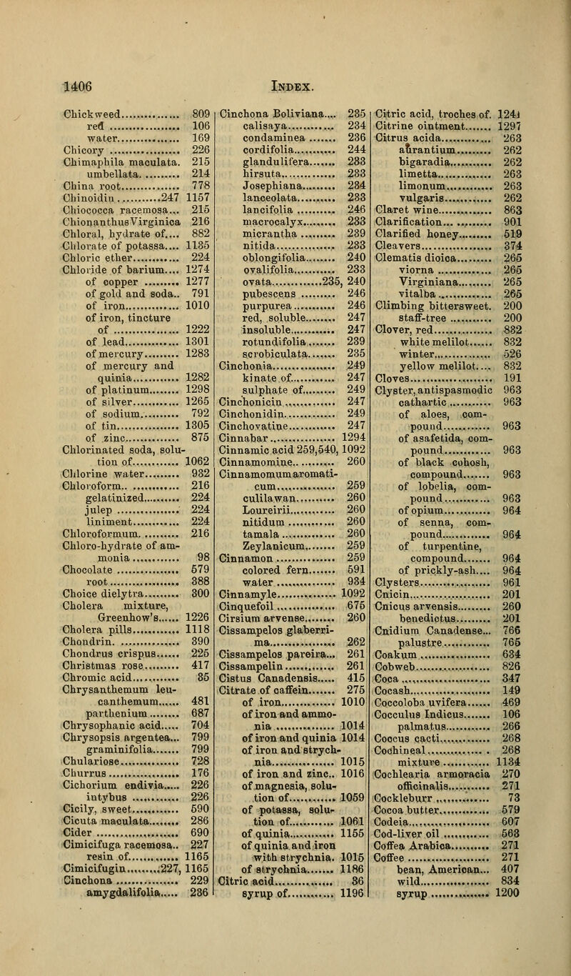 Chickweed 809 red 106 water 169 Chicory 226 Cliimaphila maculata. 215 umbellata 214 China root 778 Chinoidin. 247 1157 Chiococca racemosa... 215 ChionanthusVirginica 216 Chloral, hydrate of.... 882 Chlorate of potassa.... 1135 Chloric ether 224 Chloride of barium.... 1274 of copper 1277 of gold and soda.. 791 of iron 1010 of iron, tincture of 1222 of lead 1301 of mercury 1283 of mercury and quinia 1282 of platinum 1298 of silver 1265 of sodium. 792 of tin 1305 of zinc 875 Chlorinated soda, solu- tion of 1062 Chlorine water 932 Chloroform 216 gelatinized 224 julep 224 liniment 224 Chloroformum ,... 216 Chloro-hydrate of am- monia 98 Chocolate 579 root 388 Choice dielytra 300 Cholera mixture, Greenhow's 1226 Cholera pills 1118 Chondrin 390 Chondrus crispus 225 Christmas rose.. 417 Chromic acid..... 35 Chrysanthemum leu- canthemum...... 481 parthenium 687 Chrysophanic acid 704 Chrysopsis argentea... 799 graminifolia....... 799 Chulariose 728 Churrus 176 Cichorium endivia 226 intybus 226 Cicily, sweet 590 Cicuta maculata....,,,. 286 Cider ., 690 Cimicifuga racemosa.. 227 resin of. 1165 Cimicifugin... ,227,1165 Cinchona 229 amygdahfolia 236 Cinchona Boliviana.... 285 calisaya............ 234 condaminea ,.. 236 cordifolia........... 244 glandulifera 233 hirsuta 283 Josephiana 284 lanceolata.......... 283 lancifolia 246 macrocalyx 233 micrantha 239 nitida . 233 oblongifolia.......... 240 ovalifolia 233 ovata...., ...235,240 pubescens 246 purpurea........... 246 red, soluble 247 insoluble ;. 247 rotundifolia,...... 239 scrobiculata....... 285 Cinchonia... .249 kinate of. 247 sulphate of. ... 249 Cinchonicin............. 247 Cinchonidin , 249 Cinchovatine............ 247 Cinnabar 1294 Cinnamic acid 259,540,1092 Cinnamoraine 260 Cinnamomum aromati- cum 259 culilawan 260 Loureirii.,.., 260 nitidum 260 tamala 260 Zeylanicum 259 Cinnamon 259 colored fern 591 water... 934 Cinnamyle ... 1092 Cinquefoil... ....... 675 Cirsium arvense........ 260 Cissampelos glaberri- ma ... 262 Cissampelos pareira... 261 Cissampelin..... ,. 261 Cistus Canadensis..... 415 Citrate of caffein 275 of iron 1010 of iron and ammo- nia 1014 of iron and quinia 1014 of iron and strych- nia 1015 of iron and zinc. 1016 of magnesia, solu- tion of ... 1059 of potassa, solu- tion of. 1061 of quinia............ 1155 of quinia andiron with strychnia. 1015 of strychnia 1186 Citric acid 86 syrup of 1196 Citric acid, troches of. 124J Citrine ointment 1297 Citrus acida 263 aurantium 262 bigaradia........... 262 limetta 263 limonum, 263 vulgaris 262 Claret wine 863 Clarification . 901 Clarified honey......... 519 Cleavers 374 Clematis dioica 265 viorna 265 Virginiana......... 265 vitalba 265 Climbing bittersweet. 200 staff-tree 200 Clover, red ... 882 white melilot 832 winter.... 526 yellow melilot.... 832 Cloves 191 Clyster, antispasmodic 963 cathartic 963 of aloes, oom- pouud............. 963 of asafetida, com- pound...... 963 of black cohosh, compound....... 963 of lobelia, com- pound...,.., 963 ofopium.... 964 of senna, com- pound 964 of turpentine, compound 964 of prickly-ash.... 964 Clysters. 961 Cnicin 201 Cnicus arvensis 260 benediotus 201 Cnidium Canadense... 766 palustre.., 765 Coakum 634 Cobweb 826 Coca...,..., 347 Cocash , 149 Coccoloba uvifera 469 Cocculus Indicus 106 palmatus............ 266 Coocus cacti 268 Cochineal . 268 mixture 1134 Cochlearia armoracia 270 officinalis,...., 271 Gockleburr . 73 Cocoa butter.,,,, 579 Codeia 607 Cod-liver oil 663 Coffea Arabica 271 Coffee 271 bean, American... 407 wild 834 syrup 1200