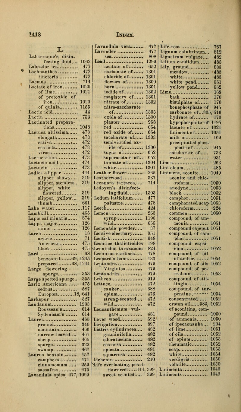 Labarraque's disin- fecting fluid.... 1062 Labrador tea 477 Lachnanthes 472 tinctoria 472 Lacmus 714 Lactate of iron 1020 of lime 1021 of protoxide of iron....1 1020 of quinia 1155 Lactic acid 44 Lactin 783 Lactinated prepara- tions 1048 Lactuca altissima 473 elongata 473 sativa «... 472 scariola 473 virosa 472 Lactucarium 478 Lactucic acid 474 Lactucin 473 Ladies-slipper 444 slipper, showy.... 319 slipper, stemless.. 319 slipper, white flowered 319 slipper, yellow... 319 thumb 661 Lake water 117 Lambkill 465 Lapis caliminaris 874 Lappa major 126 minor 126 Larch 18 agaric 71 American 475 black 475 Lard 68 benzoated 69, 1245 prepared 68, 1244 Large flowering spurge 353 Large spotted spurge.. 355 Larix Americana 475 cedrus 587 Europoea 18, 641 Larkspur 327 Laudanum 1283 Rousseau's 614 Sydenham's 614 Laurel 465 ground 340 mountain 466 narrow-leaved.... 467 sheep 465 spurge 322 swamp 467 Laurus benzoin.- 157 camphora 171 Lavandula vera 477 Lavender 477 Lead 1299 acetate of. 652 carbonate of. 1301 chloride of 1301 flowers of. 1300 horn 1301 iodide of 1302 magistery of 1301 nitrate of. 1302 nitro-saccharate of 1303 oxide of 1300 plaster 958 red 654 red oxide of. 654 saccharate of. 1303 semivitrified ox- ide of. 1300 sugar of 652 superacetate of... 652 tannate of. 1304 white 1301 Leather flower 265 Leatherwood 337 Lecanora tartarea 714 Ledoyen's disinfect- ing fluid 1303 Ledum latifolium 477 palustre. 478 Leech 424 Lemon 263 syrup 1196 wild 655 Lemonade powder 37 Lentive electuary 951 Lentisk 648 Leontice thalictroides 198 sLeontodon taraxacum 824 Leouurus cardiaca 478 Leopard's bane 133 Leptandra 479 Virginica 479 Leptandrin 979 Letheon 919 Lettuce 472 canker 688 opium 473 strong-scented.... 472 wild 472 Leucanthemum vul- gare 481 Lever wood 592 Levigation 897 Liatris cylindracea.... 482 graminifolia 482 odoiatissima 482 scariosa 482 spicata 481 squarrosa 482 Lichenin 210 cinnamomum 259 ^Life everlasting, pearl sassafras 475 Lavandula spica, 477, 1099 flowered Ill, 399 sweet scented 399 Life-root 767 Lignum colubrinum... 812 Ligustrum vulgare.... 482 Lilium candidum 483 Lily, ground 833 meadow 483 white 483 white pond 551 yellow pond 552 Lime 169 bath 170 bisulphite of 170 bonephosphate of 945 carbonate of...305, 516 hydrate of 170 hypophosphite of 1195 lactate of. 1021 liniment of 1051 milk of. 169 precipitated phos- phate of. 945 saccharate of. 733 water 931 Limes 263 Lini oleum 485 Liniment, aconite 1049 aconite and chlo- roform. 1050 anodyne 1053 black 1052 camphor 1051 camphorated soap 1053 chloroform 224 common 1050 compound, of am- monia 1051 compound cajeput 1051 compound, of cam- phor 1051 compound capsi- cum 1052 compound, of oil of amber..- 1054 compound, of oils 1052 compound, of pe- troleum 1053 compound, of stil- lingia 1054 compound, of tur- pentine. 1054 concentrated 1052 croton oil 583, 1052 of aconitina, com- pound 1050 of ammonia 1050 of ipecacuanha... 204 of lime 1051 of oils 1052 of opium 1053 rheumatic 1052 soap 1053 white 1054 verdigris 1050 volatile 1050 Linimenta 1049 Liniments 1049