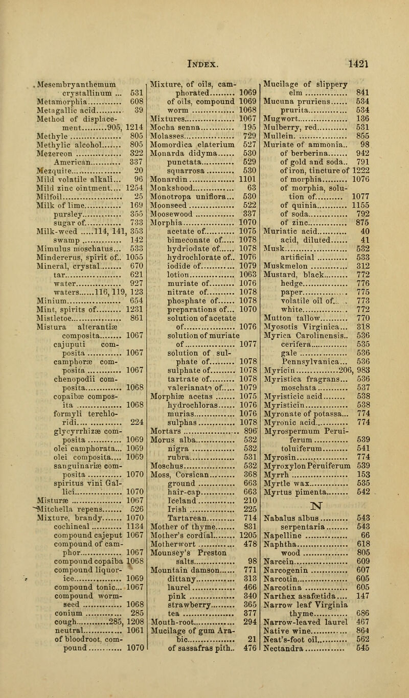 . Meserubryanthemum crystallinum ... 531 Metamorphia 608 Metagallic acid 39 Method of displace- ment 905, 1214 Methyle 805 Methylic alcohol 805 Mezereon 322 American 337 Mezquite 20 Mild volatile alkali... 96 Mild zinc ointment.... 1254 Milfoil 25 Milk of lime 169 pursley 355 sugar of. 733 Milk-weed 114, 141, 353 swamp 142 Mimulus moschatus... 533 Mindererus, spirit of.. 1055 Mineral, crystal 670 tar 621 water 927 waters 116,119, 123 Minium 654 Mint, spirits of 1231 Mistletoe 861 Mistura alterantise composita 1067 cajuputi com- posita 1067 camphorte com- posita 1067 chenopodii com- posita 1068 copaibse compos- ita 1068 formyli terchlo- ridi 224 glycyrrhizse com- posita 1069 olei camphorata... 1069 olei composita.... 1069 sanguinarise com- posita 1070 spiritus vini Gal- lici 1070 Misturae 1067 -•Mitchella repens 526 Mixture, brandy 1070 cochineal 1134 compound cajeput 1067 compound of cam- phor 1067 compound copaiba 1068 compound liquor- ice 1069 compound tonic... 1067 compound worm- seed 1068 conium 285 cough 285, 1208 neutral 1061 of bloodroot. com- pound..... 1070 Mixture, of oils, cam- phorated 1069 of oils, compound 1069 worm 1068 Mixtures 1067 Mocha senna 195 Molasses 729 Momordica elaterium 527 Monarda didyma 530 punctata 529 squarrosa 530 Monardin 1101 Monkshood 63 Monotropa uniflora... 530 Moonseed 522 Moosewood 337 Morphia 1070 acetate of. 1075 bimeconate of..... 1078 hydriodate of. 1078 hydrochlorate of.. 1076 iodide of 1079 lotion 1063 muriate of 1076 nitrate of. 1078 phosphate of 1078 preparations of... 1070 solution of acetate of 1076 solution of muriate of 1077 solution of sul- phate of 1078 sulphate of 1078 tartrate of 1078 valerianate of..... 1079 Morphise acetas 1075 hydrochloras 1076 murias 1076 sulphas 1078 Mortars 896 Morus alba 532 nigra 532 rubra 531 Moschus 532 Moss, Corsican 368 ground 663 hair-cap 663 Iceland 210 Irish 225 Tartarean 714 Mother of thyme 831 Mother's cordial 1205 Motherwort 478 Mounsey's Preston salts 98 Mountain damson 771 dittany 313 laurel 466 pink 340 strawberry 365 tea 377 Mouth-root 294 Mucilage of gum Ara- bic 21 of sassafras pith.. 476 Mucilage of slippery elm 841 Mucuna pruriens 534 prurita 534 Mugwort 136 Mulberry, red 531 Mullein 855 Muriate of ammonia.. 98 of berberina 942 of gold and soda.. 791 of iron, tincture of 1222 of morphia 1076 of morphia, solu- tion of. 1077 of quinia 1155 of soda 792 of zinc 875 Muriatic acid 40 acid, diluted 41 Musk 532 artificial 533 Muskmelon 312 Mustard, black 772 hedge 776 paper 775 volatile oil of... . 773 white 772 Mutton tallow 770 Myosotis Virginica... 318 Myrica Carolinensis.. 536 cerifera 535 gale 536 Pennsylvanica... 536 Myricin 206, 983 Myristica fragrans... 536 moschata 537 Myristicic acid 538 Myristicin 538 Myronate of potassa... 774 Myronic acid 774 Myrospermum Perui- ferum 539 toluiferum 541 Myrosin 774 Myroxylon Peruiferum 539 Myrrh 153 Myrtle wax 535 Myrtus pimenta 642 Nabalus albus 543 serpentaria 543 Napelline 66 Naphtha 618 wood 805 Narcein 609 Narcogenin 607 Narcotin 605 Narcotina 605 Narthex asafoetida.... 147 Narrow leaf Virginia thyme 686 Narrow-leaved laurel 467 Native wine 864 Neat's-foot oil 562 Nectandra 545