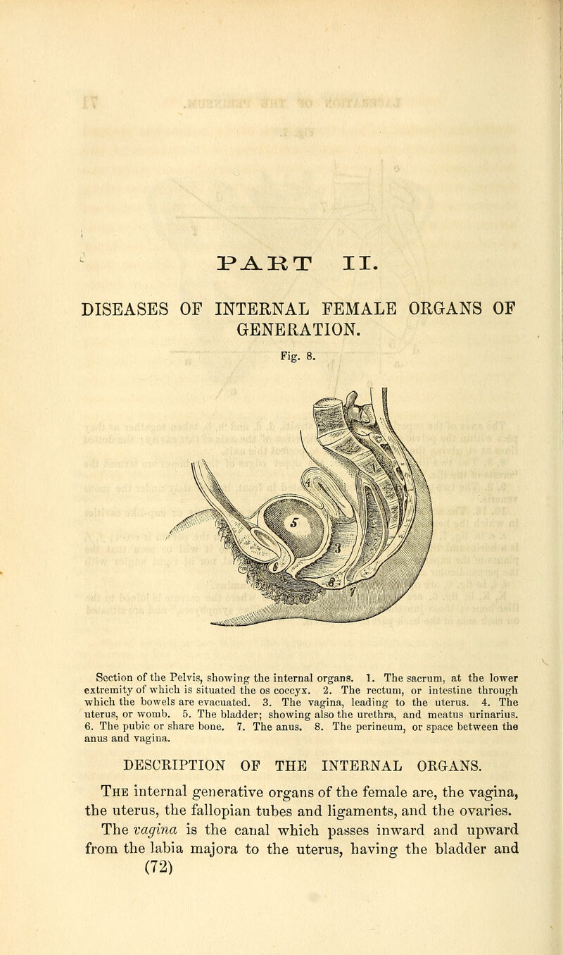 3?^IIT II. DISEASES OF INTERNAL FEMALE ORGANS OF GENERATION. Fig. 8. Section of the Pelvis, showing the internal organs. 1. The sacrum, at the lower extremity of which is situated the OS coccyx. 2. The rectum, or intestine through which the bowels are evacuated. 3. The vagina, leading to the uterus. 4. The uterus, or womb. 5. The bladder; showing also the urethra, and meatus urinarius. 6. The pubic or share bone, 7. The anus. 8. The perineum, or space between the anus and vagina. DESCRIPTION OF THE INTERNAL ORGANS. The internal generative organs of the female are, the vagina, the uterus, the fallopian tubes and ligaments, and the ovaries. The vagina is the canal which passes inward and upward from the labia majora to the uterus, having the bladder and