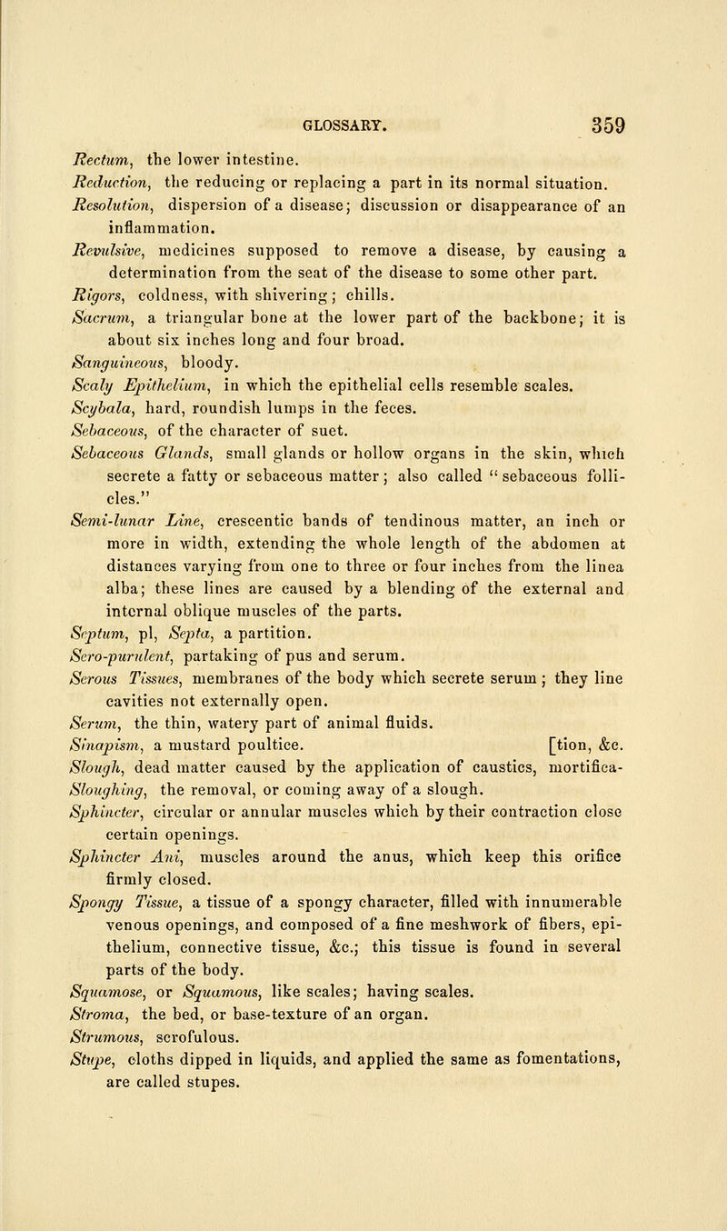 Rectum, the lower intestine. Reduction, the reducing or replacing a part in its normal situation. Resolution, dispersion of a disease; discussion or disappearance of an inflammation. Remdsive, medicines supposed to remove a disease, by causing a determination from the seat of the disease to some other part. Rigors, coldness, with shivering ; chills. Sacrum, a triangular bone at the lower part of the backbone; it is about six inches long and four broad. Sanguineous, bloody. Scaly Epithelium, in which the epithelial cells resemble scales. Sci/bala, hard, roundish lumps in the feces. Sebaceous, of the character of suet. Sebaceous Glands, small glands or hollow organs in the skin, which secrete a fatty or sebaceous matter ; also called  sebaceous folli- cles. Semi-lunar Line, crescentic bands of tendinous matter, an inch or more in width, extending the whole length of the abdomen at distances varying from one to three or four inches from the linea alba; these lines are caused by a blending of the external and internal oblique muscles of the parts. Septum, pi, Septa, a partition. Sero-'purulent, partaking of pus and serum. Serous Tissues, membranes of the body which secrete serum ; they line cavities not externally open. Serum, the thin, watery part of animal fluids. Sinapism, a mustard poultice. [tion, &c. Slough, dead matter caused by the application of caustics, mortifica- Sloughing, the removal, or coming away of a slough. Sphincter, circular or annular muscles which by their contraction close certain openings. Sphincter Ani, muscles around the anus, which keep this orifice firmly closed. Spongy Tissue, a tissue of a spongy character, filled with innumerable venous openings, and composed of a fine meshwork of fibers, epi- thelium, connective tissue, &c.; this tissue is found in several parts of the body. Squamose, or Squamous, like scales; having scales. Stroma, the bed, or base-texture of an organ. Strumous, scrofulous. Stupe, cloths dipped in liquids, and applied the same as fomentations, are called stupes.