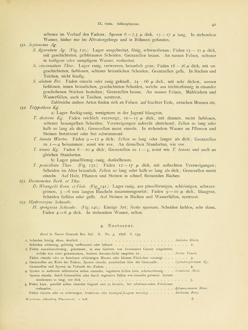 seltener im Verlauf des Fadens; Sporen 6 — 7,5 f.i dick, 13— 17 /.i lang. In stehendem Wasser, bisher nur im Altvatergebirge und in Böhmen gefunden. ißi. Scytonema Ag. S. figuratum Ag. (Fig. 131.) Lager ausgebreitet, filzig, schwarzbraun; Fäden 15—2 t /.t dick, mit geschichteten, gelbbraunen Scheiden; Grenzzellen braun. An nassen Felsen, seltener in torfigem oder sumpfigem Wasser, verbreitet. .S. cincinnatum Thur. Lager rasig, verworren, bräunlich grün; Fäden 16 — 36 /.i dick, mit un- geschichteten, farblosen, seltener bräunlichen Scheiden; Grenzzellen gelb. In Bächen und Teichen, nicht häufig. 6. alatum Bzi. Fäden einzeln oder rasig gehäuft, 24— 66 /j, dick, mit sehr dicken, aussen farblosen, innen bräunlichen, geschichteten Scheiden, welche aus trichterförmig in einander geschobenen Stücken bestehen; Grenzzellen braun. An nassen Felsen, Mühlrädern und Wasserfällen, auch in Teichen, zerstreut. Zahlreiche andere Arten finden sich an Felsen, auf feuchter Erde, zwischen Moosen etc. IJ2. Tolypothrix Kg. a) Lager flockig-rasig, wenigstens in der Jugend blaugrün. T. distorta Kg. Fäden reichlich verzweigt, 10— 15 /.i dick, mit dünnen, meist farblosen, seltener braungelben Scheiden; Verzweigungen aufrecht abstehend; Zellen so lang oder halb so lang als dick; Grenzzellen meist einzeln. In stehendem Wasser an Pflanzen und Steinen festsitzend oder frei schwimmend. T. lanata Wartm. Fäden 9—12 fx dick; Zellen so lang oder länger als dick; Grenzzellen zu 1—4 beisammen; sonst wie vor. An denselben Standorten, wie vor. T. temiis Kg. Fäden 8—10 \i dick; Grenzzellen zu 1 — 5, sonst wie T. lanata und auch an gleichen Standorten. b) Lager pinselförmig-rasig, dunkelbraun. T. peniällata Thur. (Fig. 132.) Fäden 12 —17 /.i dick, mit aufrechten Verzweigungen; Scheiden im Alter bräunlich, Zellen so lang oder halb so lang als dick; Grenzzellen meist einzeln. Auf Holz, Pflanzen und Steinen in schnell fliessenden Bächen. ijj. Desmonema Berk. et Thw. D. Wrang ein Born, et Flah. (Fig. 141.) Lager rasig, aus pinselförmigen, schleimigen, schwarz- grünen, 5—6 mm langen Büscheln zusammengesetzt; Fäden 9—10 ja dick, blaugrün, Scheiden farblos oder gelb. Auf Steinen in Bächen und Wasserfällen, zerstreut. 154. Hydrocoryne Schwabe. H. spongiosa Schwabe. (Fig. 140.) Einzige Art; Aeste sparsam, Scheiden farblos, sehr dünn, Fäden 4 — 6 \i dick. In stehendem Wasser, selten. 4. Nostoceae. Borzi in Nuovo Giornale Bot. Ital. X. No. 3. 1878. S. 239. 1. Scheiden häutig, dünn, deutlich Aulosira Kirch. Scheiden schleimig, gallertig verfiiessend oder fehlend 2. 2. Fäden rosenkranzförmig, gekrümmt, in eine Gallerte von bestimmter Gestalt eingebettet, welche von einer gemeinsamen, festeren Aussenschicht umgeben ist Nostoc Vauch. Fäden einzeln oder zu formlosen schleimigen Massen oder kleinen Flöckchen vereinigt 3* 3. Grenzzellen am Ende des Fadens, Sporen einzeln, unmittelbar über der Grenzzelle Cylindrospermum Kg. Grenzzellen und Sporen im Verlaufe des Fadens 4- 4. Sporen zu mehreren reihenweise neben einander, vegetative Zellen kurz, scheibenförmig . . . Nodularia Alert. Sporen einzeln, durch Grenzzellen oder durch vegetative Zellen von einander getrennt, letztere mindestens so lang, wie dick 5- 5. Fäden kurz, parallel neben einander liegend und zu kleinen, frei schwimmenden Flöckchen verbunden Aphanizomenon Morr. Fäden einzeln oder zu schleimigen, formlosen oder häutigen Lagern vereinigt 4nal>aena Bory. Kirchner, mikroskop. Pflanzenwelt. 2. Aufl. 6