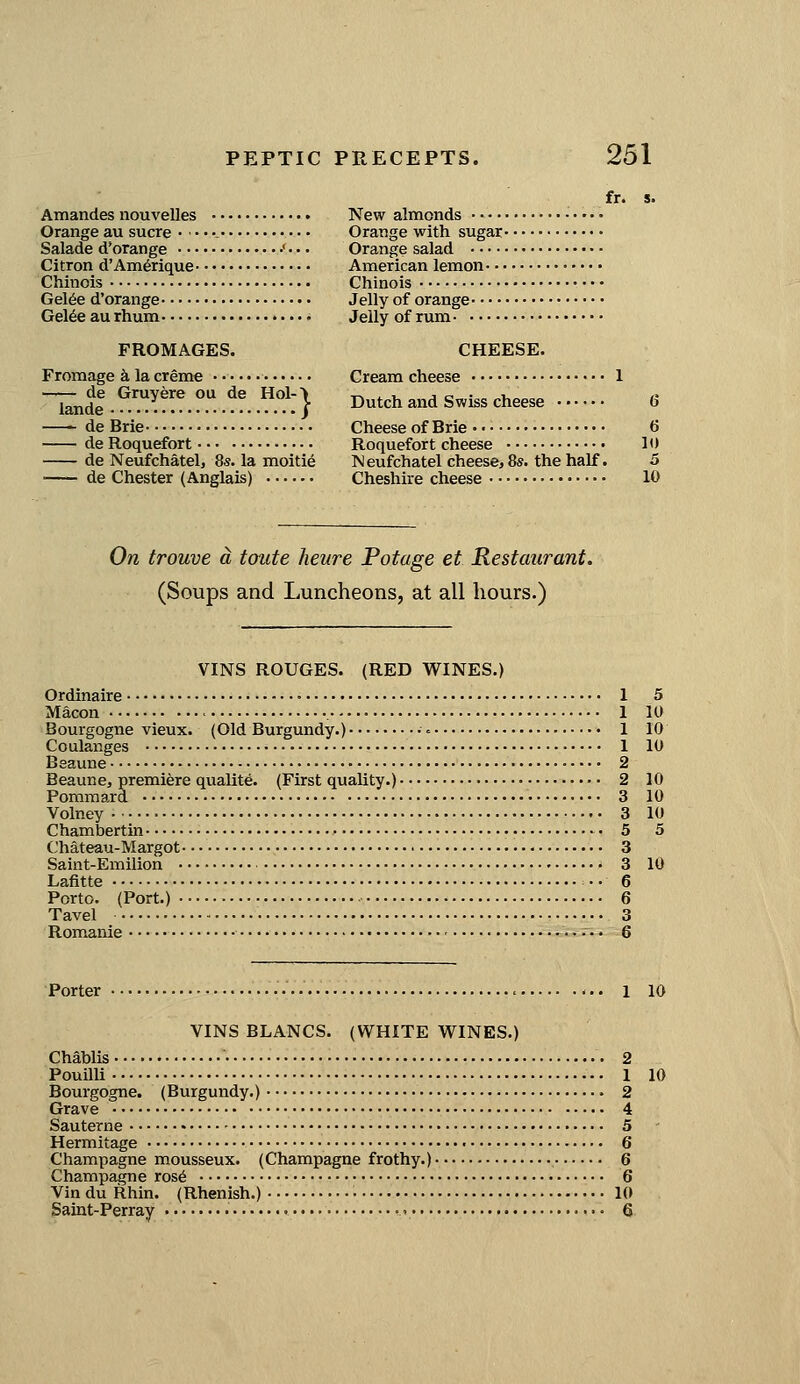 fr. s. Amandes nouvelles New almonds Orange au sucre Orange with sugar Salade d'orange •' • • • Orange salad Citron d'Am^rique American lemon Chinois Chinois Gel6e d'orange Jelly of orange GeMeaurhum Jelly of rum FROMAGES. CHEESE. Fromage k la creme Cream cheese 1 ■l^nl^!^™!!!^^^^^..''.^:} Dutch and Swlss cheese 6 de Brie Cheese of Brie 6 de Roquefort Roquefort cheese 10 de Neufchatel, 8s. la moitie Neufchatel cheese, 8s. the half. 5 ■ de Chester (Anglais) Cheshire cheese 10 On trouve a toute heure Potage et Restaurant. (Soups and Luncheons, at all hours.) VINS ROUGES. (RED WINES.) Ordinaire ■ 1 5 Macon • 1 10 Bourgogne vieux. (Old Burgundy.) ■ = 1 10 Coulanges 1 10 Baaune • 2 Beaune, premiere qualite. (First quality.) 2 10 Pommard 3 10 Volney 3 10 Chambertin 5 5 Chateau-Margot 3 Saint-Emilion 3 10 Lafitte •. 6 Porto. (Port.) 6 Tavel 3 Romanie • •. 6 Porter •• 1 10 VINS BLANCS. (WHITE WINES.) Chablis 2 Pouilli 1 10 Bourgogne. (Burgundy.) 2 Grave 4 Sauterne • 5 Hermitage 6 Champagne mousseux. (Champagne frothy.) 6 Champagne ros6 6 Vin du Rhin. (Rhenish.) 10 Saint-Perray • •. ■ • 6