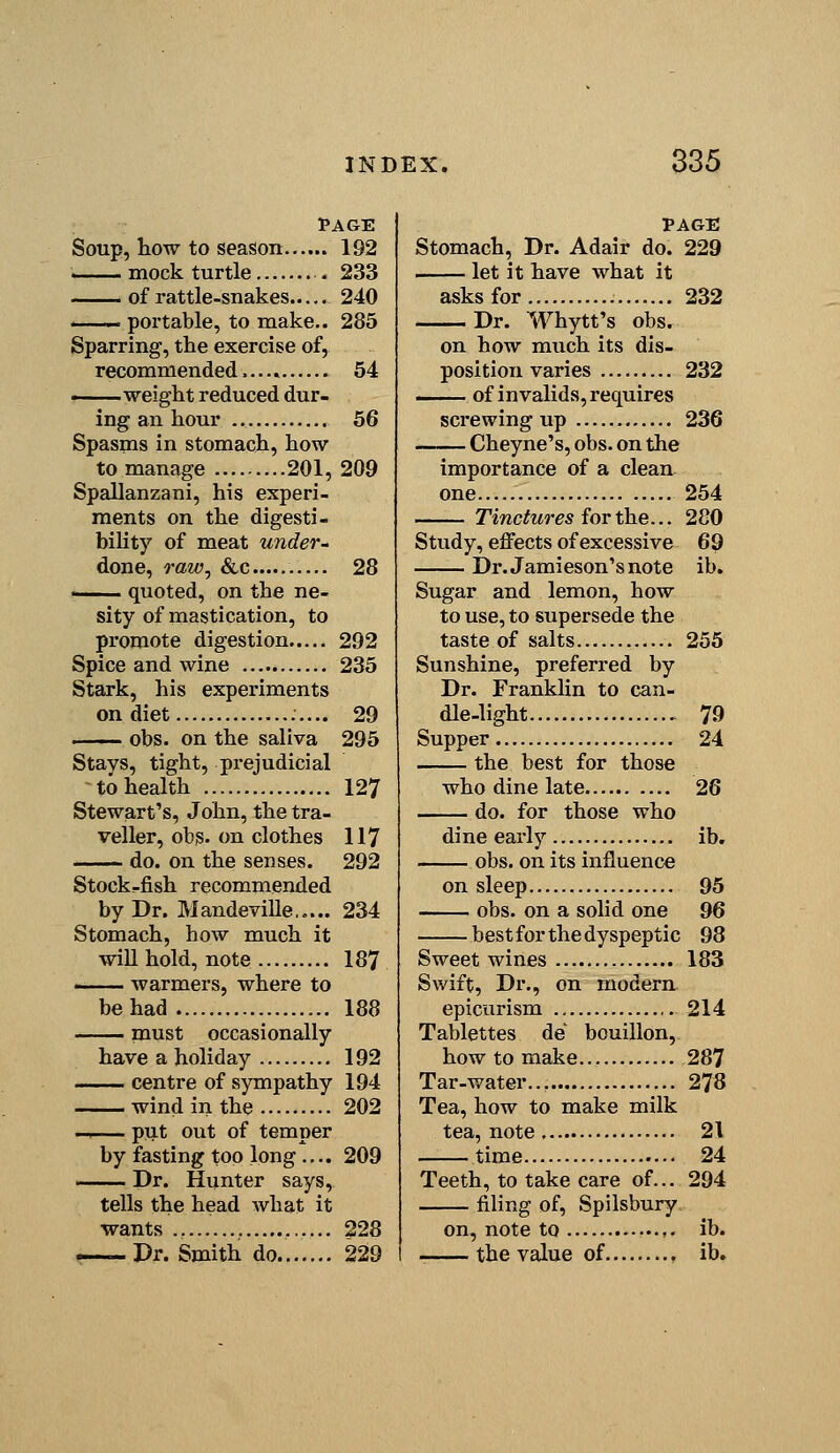 PAGE Soup, how to season 192 mock turtle . 233 of rattle-snakes 240 . portable, to make.. 285 Sparring, the exercise of, recommended..... 54 • weight reduced dur- ing an hour 56 Spasms in stomach, how- to manage 201, 209 Spallanzani, his experi- ments on the digesti- bihty of meat under- done, raw, &c 28 ■I quoted, on the ne- sity of mastication, to promote digestion 292 Spice and wine 235 Stark, his experiments on diet 29 ■ .. obs. on the saliva 295 Stays, tight, prejudicial to health 127 Stewart's, John, the tra- veller, ob,s. on clothes 117 do. on the senses. 292 Stock-fish recommended by Dr. Mandeville,.... 234 Stomach, how much it will hold, note 187 > warmers, where to be had 188 must occasionally have a holiday 192 centre of sympathy 194 wind in the 202 ~^— put out of temper by fasting too long.... 209 Dr. Hunter says, tells the head what it wants 228 . Dr. Smith do 229 PAGE Stomach, Dr. Adair do. 229 let it have what it asks for 232 Dr. Whytt's obs. on how much its dis- position varies 232 .- of invalids, requires screwing up 236 Cheyne's, obs. on the importance of a clean one 254 Tinctures for the... 280 Study, eifects of excessive 69 Dr. Jamieson'snote ib. Sugar and lemon, how to use, to supersede the taste of salts 255 Sunshine, preferi'ed by Dr. Franklin to can- dle-light 79 Supper 24 the best for those who dine late 26 do. for those who dine early ib. obs. on its influence on sleep 95 obs. on a solid one 96 best for the dyspeptic 98 Sweet wines 183 Swift, Dr., on modern epicurism 214 Tablettes de bouillon, how to make 287 Tar-water 278 Tea, how to make milk tea, note 21 time 24 Teeth, to take care of... 294 filing of, Spilsbury on, note to ib. the value of ib.