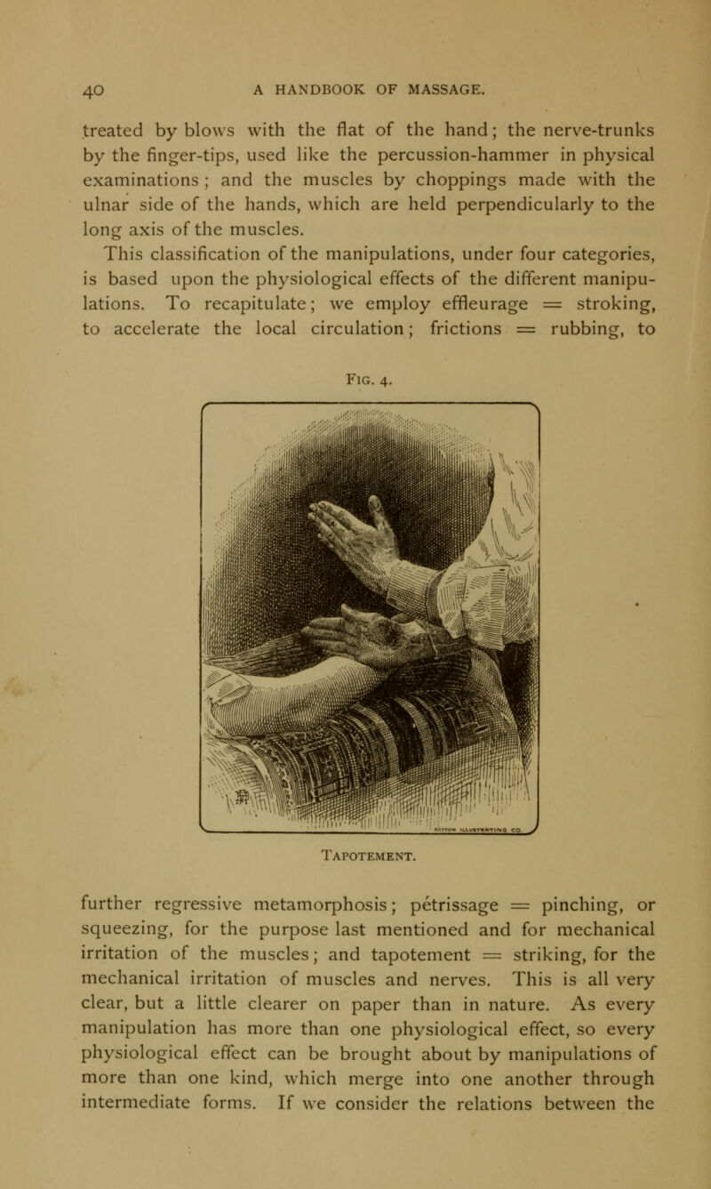 treated by blows with the flat of the hand; the nerve-trunks by the finger-tips, used like the percussion-hammer in physical examinations ; and the muscles by choppings made with the ulnar side of the hands, which are held perpendicularly to the long axis of the muscles. This classification of the manipulations, under four categories, is based upon the physiological effects of the different manipu- lations. To recapitulate; we employ effleurage = stroking, to accelerate the local circulation; frictions = rubbing, to Fig. 4. Tapotement. further regressive metamorphosis; petrissage = pinching, or squeezing, for the purpose last mentioned and for mechanical irritation of the muscles; and tapotement = striking, for the mechanical irritation of muscles and nerves. This is all very clear, but a little clearer on paper than in nature. As every manipulation has more than one physiological effect, so every physiological effect can be brought about by manipulations of more than one kind, which merge into one another through intermediate forms. If we consider the relations between the