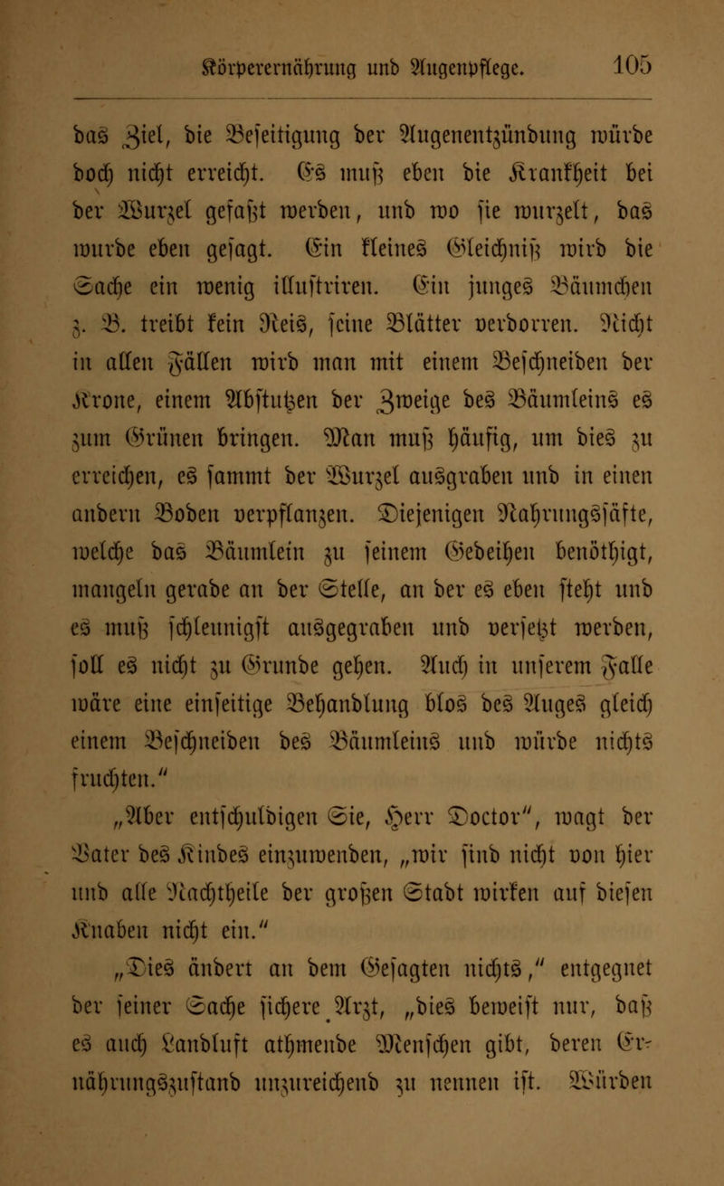 baS 3^/ ^e 23ffettigung ber Slugenentgünbung mürbe bod) nidjt erreicht. ©§ iraifj eben bie Äianf^ett bei ber Jöurjel gefaßt werben, unb wo fie rourjelt, baS mürbe ehtn gejagt. (Sin HeineS ©leidjntB mirb bie ©adje ein menig iffuftriren. Gin junges Säumdjen 3. 33. treibt fein 9let§, feine SBlätter Devborren. 9iidtf in äffen gaffen mirb man mit einem 33ejd)neiben ber lürone, einem Slbftutjen ber 3n,e^8c ^ 23äumteinö eS 511m ©runen bringen. 9Jian mufc l)äufig, um bieg ju erretten, eS fammt ber SSurjel ausgraben unb in einen anbern Soben uerpflanjen. diejenigen 9M)ruugSfäfte, luelc^e baS SSdumletn ju feinem ©ebenen benötigt, mangeln gerabe an ber ©teile, an ber eS eben fte^t unb eS mufj jdjteunigft ausgegraben unb uerfeijt werben, foff eS nidjt ju ©runbe getjen. UM) in unferem gaffe märe eine einseitige Seljanblung bloS beS SlugeS gteid) einem 33efd)neiben beS 33äumleinS unb mürbe nidjtS fruchten. „Slber entfc£)ulbigen ©ie, Sfrtxx ©octor, magt ber SSater beS ÄinbeS einjuroenben, „mir ftnb nid^t dou f)ier unb äffe ittadjtljeite ber großen ©tabt roirfen auf biefen Knaben nidjt ein. „£ieS änbert an beut ©efagten nidjtS, entgegnet ber feiner ©adje fixere ?trjt, „bteS bemeift nur, bafj eS audj ßanbluft atfjmenbe 3Jienfd)en gibt, bereu ür- ua^rungSjuftanb unjureidjenb }it nennen ift. Stürben