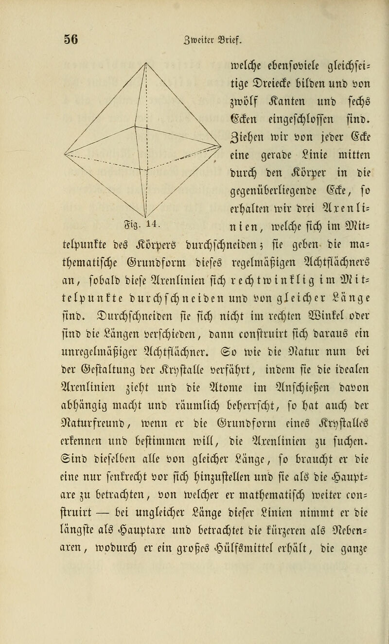 Sig. 14. meldte eftenfobiele gleicr)fei= tige $)reiecfe Btfbert unb öon §tüi?(f Tanten unb fecr)3 (gcfen eingefcfyloffcn ftnb* Biegen tt>ir öon jeber (Scte eine gerabe Sinie mitten burdj ben Körper in tote gegenüBerliegenbe (Scfe, fo erhalten toir brei 5lrenlt= nien, reelle ficr) im SSfliU tefyunfte beö «ftör^erö burcr)[$neiben 5 fte geben bie ma= t^emattfdje ©runbform biefeä regelmäßigen SldjtftädjnerS an/ fobalb biefe 5lrenlinien ftdj reet)trcinttig im ÜÄl t« telpunfte burcrjfdjneiben unb üon gleicher Sänge ftnb* 3)urcr;fcr)neiben fte jtdj nidjt im rechten SÖinfel ober ftnb bie Sängen üerfc^ieben, bann conftruirt ftcr) baraus* ein unregelmäßiger Qlcrjtfläcfyner, So nüe bie Statut nun Bei ber ©eftaltung ber .ftrtyftaße »erfahrt, inbem fte bie ibealen $trenlinien $ier/t unb bie 5ltome im 9lnfcr)ie£jen baöon abhängig mad)t unb räumlich Be^errfdjt, fo $at aucr) ber 9caturfreunb / ttenn er bie ©runbform eineS JftrtyjlafleS ernennen unb befiimmen reift, bie 2lrenlinien 311 fudjen. @inb biefelben alle bon gleicher Sänge, fo braucht er bie eine nur fenfrecr)t bor ftcr) ^injufteften unb fte al3 bie >$au$U are ju betrachten, bon n>elcr)er er ntatijemattfdj toeiter con= jtruirt — bei ungleicher Sänge biefer Sinien nimmt er bie längfte als ^aubtare unb Betrachtet bie fütteren als Sieben* aren, troburd) er ein grojjeS 4?ülf3mittel erhält, bie ganje