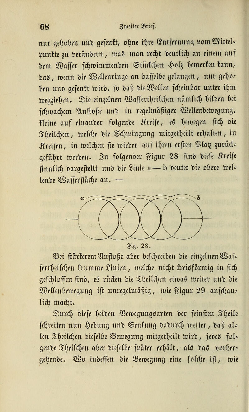 nur ge(;oBen unb gefmft, o^ne t^rc (Entfernung üomWitUU fünfte gu öetänbern, tta§ man ret^t beutlicr) an einem auf beut SÖaffer fdjtmmmenbett ©tütfdjen ^oI§ Bemerken fann, ba§, toemt bie Settenringe an baffetBe gelangen, nur geho- ben unb gefenft ttitb, fo baß bte Selten fcfyeinBar unter i1)m tüegjie^en» 5Dte einzelnen 2Baffertt)eU$en nämlid) Biloen Bei fdjtoadjem Qlnftoße unb in regelmäßiger SMenBemegung, tleine auf einanber folgenbe Greife, eS Belegen ft$ W S^eildjen, freiere bie ©djnnngung mitgeteilt erhalten, in Greifen, in freieren fte mieber auf U)ren erften $la£ $wm& geführt Serben» 3n folgenber ftigur 28 ftnb biefe Greife ftnnltdj bargefteftt unb bie Sinie a—b beutet bie oBere tveU lenbe Saffetfladje an* — m- 28. Sei jtärferem Qlnftoße. aBer Betreiben bie einzelnen 3Baf- fertt)eildjen frumme £htien, meiere nt^t kreisförmig in ftdj gefc^loffen ftnb, eS rüden bie £t)eil$ett etoaö Leiter unb bte QBeKenBemegung ift unregelmäßig, hne ^igur 29 anf$au= lidj mafyt £)urcl) biefe Beiben 33etoegung§arten ber feinften Steile fdjreiten nun ^eBung unb ©enfung baburdj meiter, baß al= len ^eilc^en biefelBe SSeroegung mitgeteilt mirb, jebe£ fol= genbe £l)eildjen aBer biefelBe fyäter erhält, als ba8 öor^er- gefjenbe» 2Bo inbeffen bie 23eftegung eine folc^e ift, tuie