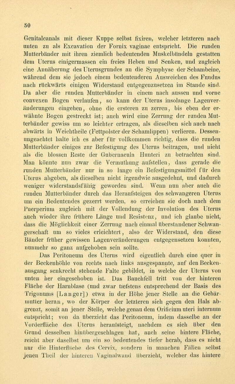 so Genitalcanals mit dieser Kuppe selbst fixiren, welcher letzteren nach unten zu als Excavation der Fornix vaginae entspricht. Die runden Mutterbänder mit ihren ziemlich bedeutenden Muskelbündeln gestatten dem Uterus einigermassen ein freies Heben und Senken, und zugleich eine Annäherung des Uterusgrundes an die Symphyse der Schambeine, während dem sie jedoch einem bedeutenderen Ausweichen des Fundus nach rückwärts einigen Widerstand entgegenzusetzen im Stande sind. Da aber die runden Mutterbänder in einem nach aussen und vorne convexen Bogen verlaufen, so kann der Uterus insolange Lagenver- änderungen eingehen, ohne die ersteren zu zerren, bis eben der er- wähnte Bogen gestreckt ist; auch wird eine Zerrung der runden Mut- terbänder gewiss um so leichter ertragen, als dieselben sich auch nach abwärts in Weichtheile (Fettpolster der Schamlippen) verlieren. Dessen- ungeachtet halte ich es aber für vollkommen richtig, dass die runden Mutterbänder einiges zur Befestigung des Uterus beitragen, und nicht als die blossen Reste der Gubernacula Hunteri zu betrachten sind, Man könnte nun zwar die Vermuthung aufstellen, dass gerade die runden Mutterbänder nur in so lange ein Befestigungsmittel für den Uterus abgeben, als dieselben nicht irgendwie ausgedehnt, und dadurch weniger widerstandsfähig geworden sind. Wenn nun aber auch die runden Mutterbänder durch das Heraufsteigen des schwangeren Uterus um ein Bedeutendes gezerrt werden, so erreichen sie doch nach dem Puerperium zugleich mit der Vollendung der Involution des Uterus auch wieder ihre frühere Länge und Resistenz, und ich glaube nicht, dass die Möglichkeit einer Zerrung nach einmal Uberstandener Schwan- gerschaft um so vieles erleichtert, also der Widerstand, den diese Bänder früher gewissen Lagenveränderungen entgegensetzen konnten, nunmehr so ganz aufgehoben sein sollte. Das Peritoneum des Uterus wird eigentlich durch eine quer in der Beckenhöhle von rechts nach links ausgespannte, auf den Becken- ausgang senkrecht stehende Falte gebildet, in welche der Uterus von unten her eingeschoben ist. Das Bauchfell tritt von der hinteren Fläche der Harnblase (und zwar tiefstens entsprechend der Basis des Trigonums [Langer]) etwa in der Höhe jener Stelle an die Gebär- mutter heran, wo der Körper der letzteren sich gegen den Hals ab- grenzt, somit an jener Stelle, welche genau dem Orificium uteri internum entspricht; von da überzieht das Peritoneum, indem dasselbe an der Vorderfläche des Uterus heraufsteigt, nachdem es sich über den Grund desselben hinübergeschlagen hat, auch seine hintere Fläche, reicht aber daselbst um ein so bedeutendes tiefer herab, dass es nicht nur die Hinterfläche des Cervix, sondern in manchen Fällen selbst jenen Theil der hinteren Vaginalwand überzieht, welcher das hintere