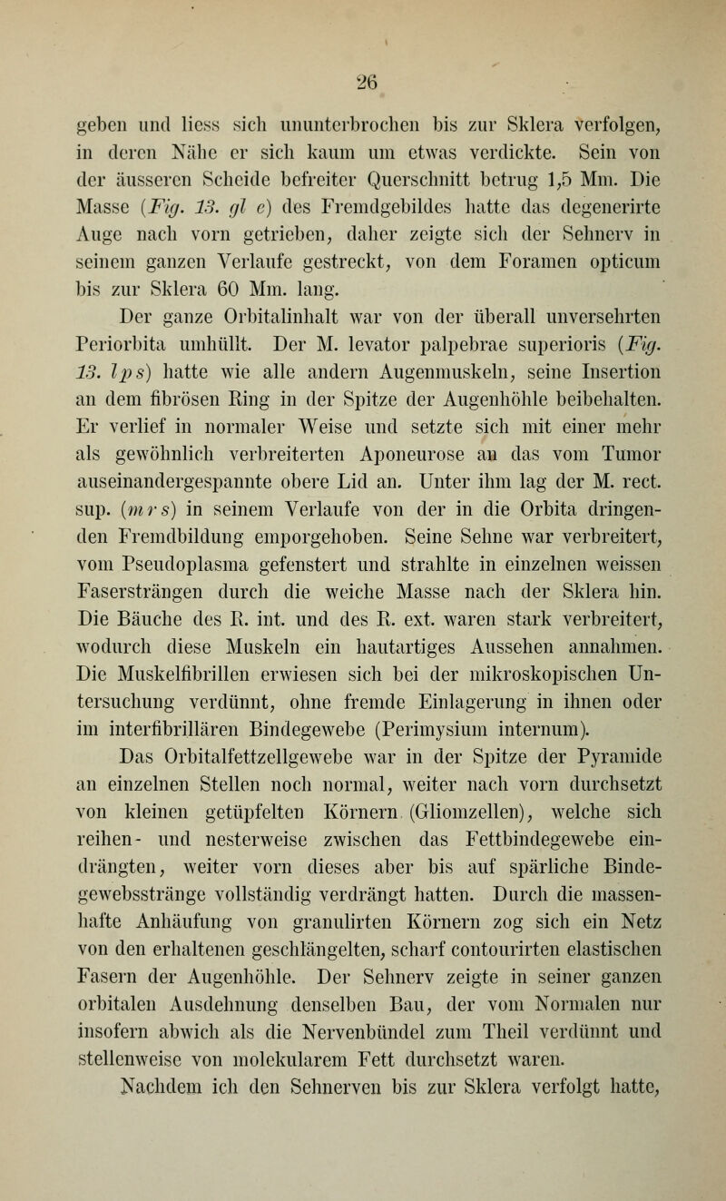 geben und Hess sich ununterbrochen bis zur Sklera verfolgen, in deren Nähe er sich kaum um etwas verdickte. Sein von der äusseren Scheide befreiter Querschnitt betrug 1,5 Mm. Die Masse [Fig. 13. gl e) des Fremdgebildes hatte das clegenerirte Auge nach vorn getrieben, daher zeigte sich der Sehnerv in seinem ganzen Verlaufe gestreckt, von dem Foramen opticum bis zur Sklera 60 Mm. lang. Der ganze Orbitalinhalt war von der überall unversehrten Periorbita umhüllt. Der M. levator palpebrae superioris {Fig. 13. Ips) hatte wie alle andern Augenmuskeln, seine Insertion an dem fibrösen Ring in der Spitze der Augenhöhle beibehalten. Er verlief in normaler Weise und setzte sich mit einer mehr als gewöhnlich verbreiterten Aponeurose an das vom Tumor auseinandergespannte obere Lid an. Unter ihm lag der M. rect. sup. (mrs) in seinem Verlaufe von der in die Orbita dringen- den Fremdbildung emporgehoben. Seine Sehne war verbreitert, vom Pseudoplasma gefenstert und strahlte in einzelnen weissen Fasersträngen durch die weiche Masse nach der Sklera hin. Die Bäuche des R. int. und des R. ext. waren stark verbreitert, wodurch diese Muskeln ein hautartiges Aussehen annahmen. Die Muskelnbrillen erwiesen sich bei der mikroskopischen Un- tersuchung verdünnt, ohne fremde Einlagerung in ihnen oder im interfibrillären Bindegewebe (Perimysium internum). Das Orbitalfettzellgewebe war in der Spitze der Pyramide an einzelnen Stellen noch normal, weiter nach vorn durchsetzt von kleinen getüpfelten Körnern (Gliomzeilen), welche sich reihen- und nesterweise zwischen das Fettbindegewebe ein- drängten, weiter vorn dieses aber bis auf spärliche Binde- gewebsstränge vollständig verdrängt hatten. Durch die massen- hafte Anhäufung von granulirten Körnern zog sich ein Netz von den erhaltenen geschlängelten, scharf contourirten elastischen Fasern der Augenhöhle. Der Sehnerv zeigte in seiner ganzen orbitalen Ausdehnung denselben Bau, der vom Normalen nur insofern abwich als die Nervenbündel zum Theil verdünnt und stellenweise von molekularem Fett durchsetzt waren. Nachdem ich den Sehnerven bis zur Sklera verfolgt hatte,