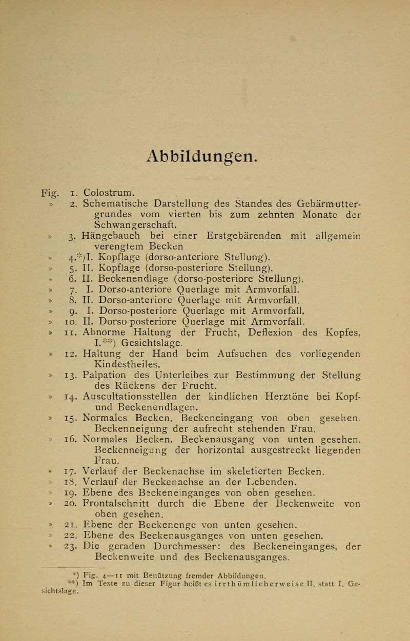 Abbildungen. Fig. I. Colostrum. » 2. Schematische Darstellung des Standes des Gebärmutter- grundes vom vierten bis zum zehnten Monate der Schwangerschaft. » 3. Hängebauch bei einer Erstgebärenden mit allgemein verengtem Becken » 4.''')I. Kopflage (dorso-anteriore Stellung). » 5. II. Kopflage (dorso-posteriore Stellung). » 6. II. Beckenendlage (dorso-posteriore Stellung). » 7. I. Dorso-anteriore Querlage mit Armvorfall. » 8. II. Dorso-anteriore Querlage mit Armvorfall. » 9. I. Dorso-posteriore Querlage mit Armvorfall. » 10. II. Dorso posteriore Querlage mit Armvorfall. » II. Abnorme Haltung der Frucht, Deflexion des Kopfes, I.'■'') Gesichtslage. » 12. Haltung der Hand beim Aufsuchen des vorliegenden Kindestheiles. » 13. Palpation des Unterleibes zur Bestimmung der Stellung des Rückens der Frucht. » 14. Auscultationsstellen der kindlichen Herztöne bei Kopf- und Beckenendlagen. » 15. Normales Becken. Beckeneingang von oben gesehen. Beckenneigung der aufrecht stehenden Frau. » 16. Normales Becken. Beckenausgang von unten gesehen. Beckenneigung der horizontal ausgestreckt liegenden Frau. » 17. Verlauf der Beckenachse im skeletierten Becken. » 18. Verlauf der Beckenachse an der Lebenden. » ig. Ebene des Bsckeneinganges von oben gesehen. » 20. Frontalschnitt durch die Ebene der Beckenweite von oben gesehen. » 21. Ebene der Beckenenge von unten gesehen. » 22. Ebene des Beckenausganges von unten gesehen. » 23. Die geraden Durchmesser: des Beckeneinganges, der Beckenweite und des Beckenausganges. *) Fig. 4—ir mit Benützung fremder Abbildungen. **) Im Texte zu dieser Figur heißt es ir rth ü m lic her weise II. statt I. Ge- sichtslage.