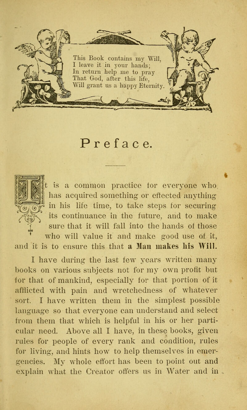 Preface. is a common practice tor everyone who. has acquired something or eftected anything 'Y&T^P' i^^ l^is life time, to take steps for securing /^h\ its continuance in the future, and to make ■j^ sure that it will fall into the hands of those * who will value it and make good use of it, and it is to ensure this that a Man makes his Will. I have during the last few years written many books on various subjects not for my own profit but for that of mankind, especially for that portion of it afflicted with pain and wretchedness of whatever sort. I have written them in the simplest possible language so that everyone can understand and select from them that which is helpful in his or her parti- cular need. Above all I have, in these books, given rules for people of every rank and condition, rules for living, and hints how to help themselves in emer- gencies. My whole effort has been to point out and explain what the Creator offers us in Water and in