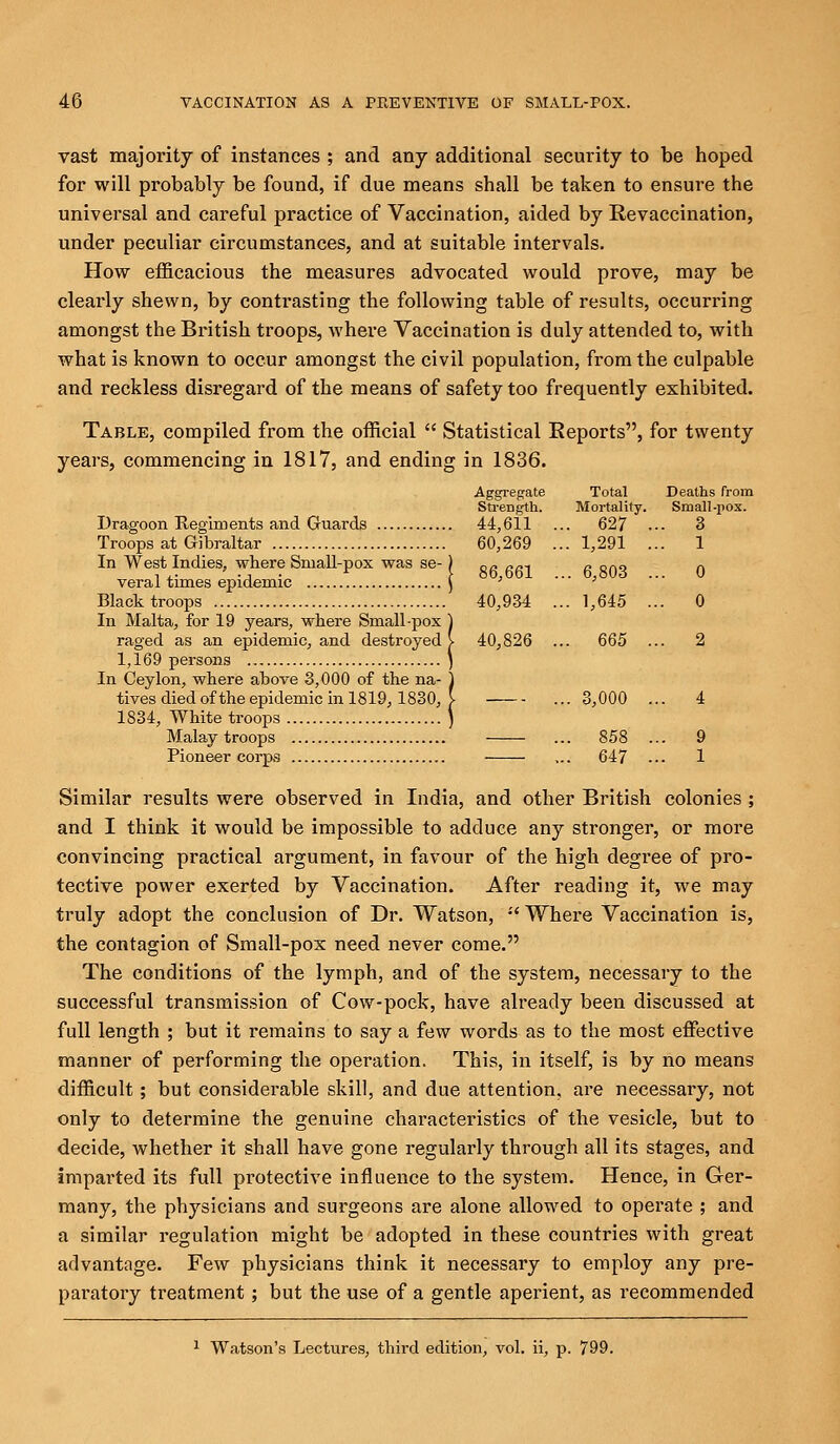 vast majority of instances ; and any additional security to be hoped for will probably be found, if due means shall be taken to ensure the universal and careful practice of Vaccination, aided by Revaccination, under peculiar circumstances, and at suitable intervals. How efficacious the measures advocated would prove, may be clearly shewn, by contrasting the following table of results, occurring amongst the British troops, where Vaccination is duly attended to, with what is known to occur amongst the civil population, from the culpable and reckless disregard of the means of safety too frequently exhibited. Table, compiled from the official  Statistical Reports, for twenty years, commencing in 1817, and ending in 1836. Aggregate Total Deaths from Strength. Mortality. Small-pox. Dragoon Regiments and Guards 44,611 ... 627 ••■ 3 Troops at Gibraltar 60,269 ...1,291 ... 1 In West Indies, where Small-pox was se-) 0„ „n-. a ono n l i- -j • r > 86,661 ... 6,803 ... 0 vera 1 times epidemic ) ' ' Black troops 40,934 ... 1,645 ... 0 In Malta, for 19 years, where Small pox \ raged as an epidemic, and destroyed V 40,826 ... 665 ... 2 1,169 persons ) In Ceylon, where above 3,000 of the na- j tives died oftheepidemic in 1819, 1830, [ ...3,000 ... 4 1834, White troops ) Malay troops ... 858 ... 9 Pioneer corps ... 647 ... 1 Similar results were observed in India, and other British colonies ; and I think it would be impossible to adduce any stronger, or more convincing practical argument, in favour of the high degree of pro- tective power exerted by Vaccination. After reading it, we may truly adopt the conclusion of Dr. Watson,  Where Vaccination is, the contagion of Small-pox need never come. The conditions of the lymph, and of the system, necessary to the successful transmission of Cow-poek, have already been discussed at full length ; but it remains to say a few words as to the most effective manner of performing the operation. This, in itself, is by no means difficult ; but considerable skill, and due attention, are necessary, not only to determine the genuine characteristics of the vesicle, but to decide, whether it shall have gone regularly through all its stages, and imparted its full protective influence to the system. Hence, in Ger- many, the physicians and surgeons are alone allowed to operate ; and a similar regulation might be adopted in these countries with great advantage. Few physicians think it necessary to employ any pre- paratory treatment; but the use of a gentle aperient, as l'ecommended 1 Watson's Lectures, third edition, vol. ii, p. 799.