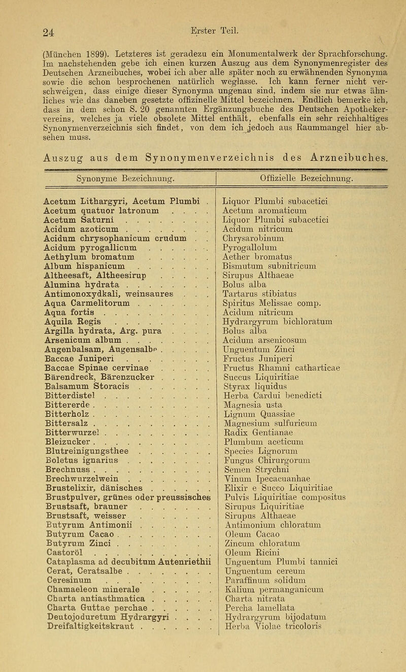 (München 1899). Letzteres ist geradezu ein Monumentalwerk der Sprachforschnng. Im nachstehenden gebe ich einen kurzen Auszug aus dem Synonymenregister des Deutschen Arzneibuches, wobei ich aber alle später noch zu erwähnenden Synonyma sowie die schon besprochenen natürlich weglasse. Ich kann ferner nicht ver- schweigen, dass einige dieser Synonyma ungenau sind, indem sie nur etwas ähn- liches wie das daneben gesetzte offizineile Mittel bezeichnen. Endlich bemerke ich, dass in dem schon S. 20 genannten Ergänzungsbuche des Deutschen Apotheker- vereins, welches ja viele obsolete Mittel enthält, ebenfalls ein sehr reichhaltiges Synonymenverzeichnis sich findet, von dem ich jedoch aus Raummangel hier ab- sehen muss. Auszug aus dem Synonymenverzeiclinis des Arzneibuches. Synonyme Bezeichnung. Offizielle Bezeichnuno-. Acetum Lithargyri, Acetum Plumbi . Acetum quatuor latronum .... Acetum Saturni Acidum azoticum Acidum chrysophanicum crudum . . Acidum pyrogallicum Aethylum bromatum Album hispanicum Altheesaft, Altheesirup Aluminä hydrata Antimonoxydkali, weinsaures . . . Aqua Carmelitorum Aqua fortis Aquila Regis Argilla hydrata. Arg. pura Arsenicum album Augenbalsam, Augensalbp Baccae Juniperi Baccae Spinae cervinae Bärendreck, Bärenzucker Balsamum Storacis Bitterdistel Bittererde ... Bitterholz . Bittersalz ...... Bitterwurzel Bleizucker Blutreinigungsthee Boletus ignarius Brechnuss Brechwurzelwein Brustelixir, dänisches Brustpulver, grünes oder preussisches Brustsaft, brauner Brustsaft, weisser Butyrum Antimonii Butyrum Cacao . Butyrum Zinci Castoröl Cataplasma ad decubitum Autenriethii Gerat, Ceratsalbe Ceresinum Chamaeleon minerale Charta antiasthmatica Charta Guttae perchae Deutojoduretum Hydrargyri . . . . Dreifaltigkeitskraut Liquor Plumbi subacetici Acetum aromaticum Liquor Plumbi subacetici Acidum nitricum Chrysarobinum Pyrogallolum Aether bromatus Bismutum subnitricum Sirupus Althaeae Bolus alba Tartarus stibiatus Spiritus Melissae comp. Acidum nitricum Hydrargyrum bichloratum Bolus alba Acidum arsenicosum Unguentum Zinci Fructus Juniperi Fructus Rhamni catharticae Succus Liquiritiae Styrax liquidus Herba Cardui benedicti Magnesia usta Lignum Quassiae Magnesium sulfuricum Radix Gentianae Plumbum aceticum Species Lignoruni Pungus Chirurgorum Semen Strychni Vinum Ipecacuanhae Elixir e Succo Liquiritiae Pulvis Liquiritiae compositus Sirupus Liquiritiae Sirupus Althaeae Antimonium chloratum Oleum Cacao Zincum chloratum Oleum Ricini Unguentum Plumbi tannici Unguentum cereum Paraffinum solidum Kalium permanganicum Charta nitrata Percha lamellata Hydrargyrum bijodatum Herba Violae tricoloris