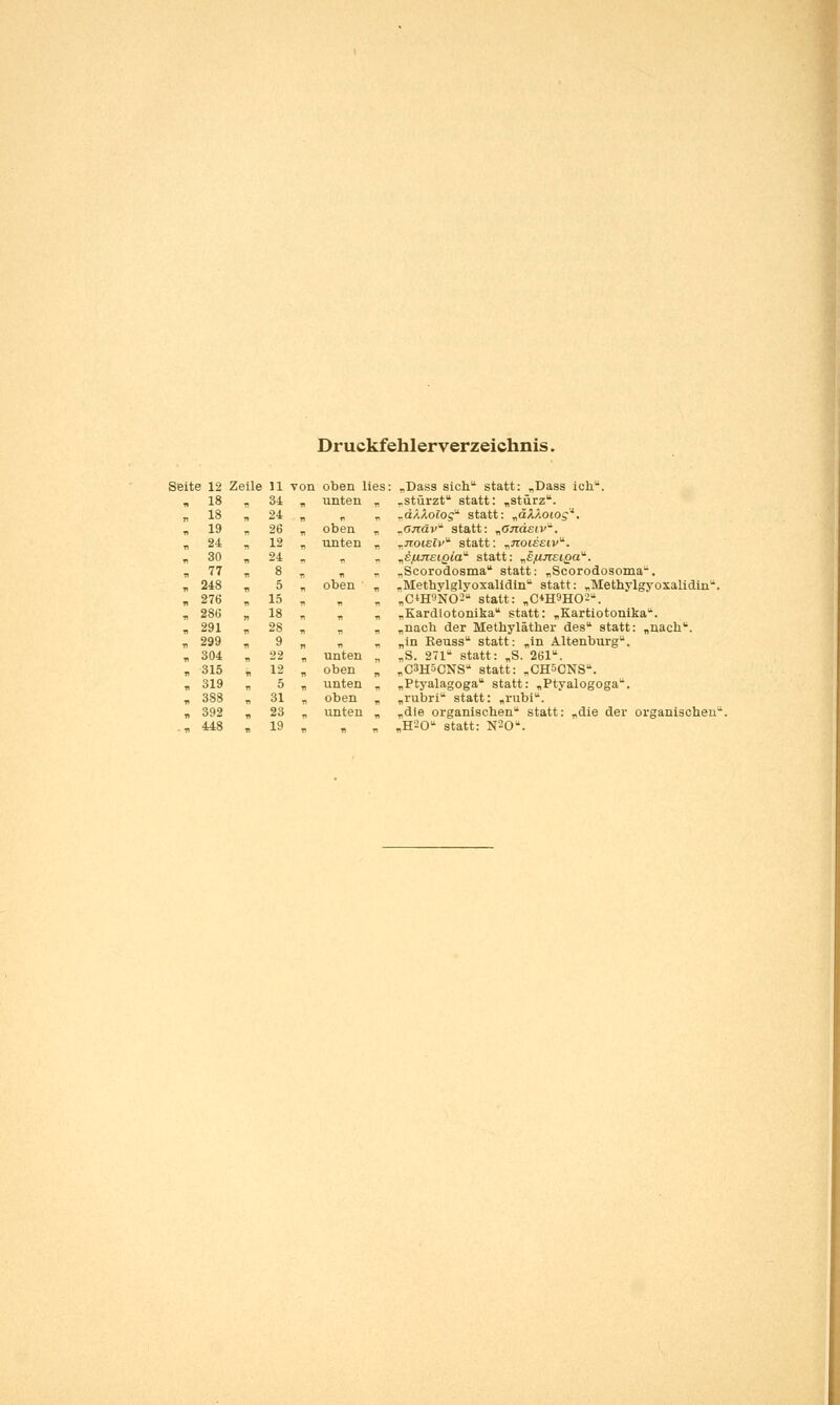 Druckfehlerverzeichnis. Seite 12 Zeile 11 von oben lies: 18 . 34 , unten 18 „ 24 „ „ 19 ^ 26 ^ oben 24 „ 12 ^ unten 30 , 24 „ ^ 77 „ 8 ^ „ 248 ^ 5 ^ oben 276 ^ 15 , ^ 28« ^ 18 ^ ^ 291 , 28 ^ ^ 299 , 9 ^ ^ 304 ^ 22 ^ unten 315 ^ 12 ^ oben 319 ^ 5 ^ unten 388 ^ 81 ^ oben 392 , 23 ^ unten 448 , 19 f, , „Dass sich statt: ^Dass icb. ^stürzt statt: ^stürz. T.d/.Xolog' statt: „äAAotop''. ^öjtäv statt: ^Ojidsiv'. ^noielv'^ statt: „jroteeiv. „ifuieiQia'^ statt: „ejuJisiQa'^. ^Scorodosma statt: „Scorodosoma. „Methylglvoxalidin statt: ^Methylgvoxalidin. „CiHONO^ statt: „C*H9H0'^-. „Kardiotonika statt: „Kartiotonika. „nach der Methyläther des statt: „nach. „in Beuss statt: „in Altenburg. „S. 271 statt: „S. 261. „C3H5CNS statt: „CH5CNS. „Ptyalagoga statt: „Ptyalogoga. „rubri statt: „rubi. „die organischen statt: „die der organischen -H^O statt: N20.