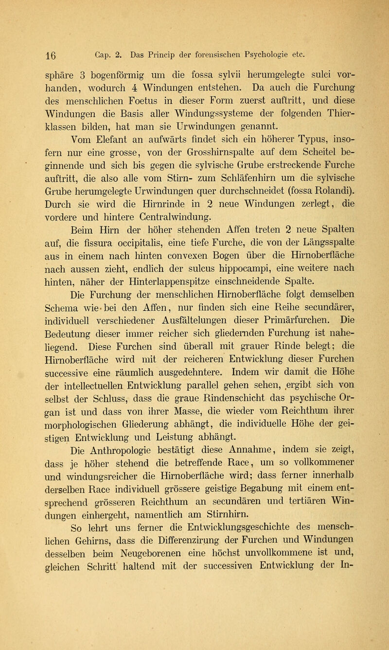 Sphäre 3 bogenförmig um die fossa sylvii herumgelegte sulci vor- handen, wodurch 4 Windungen entstehen. Da auch die Furchung des menschlichen Foetus in dieser Form zuerst auftritt, und diese Windungen die Basis aller Windungssysteme der folgenden Thier- klassen bilden, hat man sie Urwindungen genannt. Vom Elefant an aufwärts findet sich ein höherer Typus, inso- fern nur eine grosse, von der Grosshirnspalte auf dem Scheitel be- ginnende und sich bis gegen die sylvische Grube erstreckende Furche auftritt, die also alle vom Stirn- zum Schläfenhirn um die sylvische Grube herumgelegte Urwindungen quer durchschneidet (fossa Rolandi). Durch sie wird die Hirnrinde in 2 neue Windungen zerlegt, die vordere und hintere Gentralwindung. Beim Hirn der höher stehenden Affen treten 2 neue Spalten auf, die fissura occipitalis, eine tiefe Furche, die von der Längsspalte aus in einem nach hinten convexen Bogen über die Hirnoberfläche nach aussen zieht, endlich der sulcus hippocampi, eine weitere nach hinten, näher der Hinterlappenspitze einschneidende Spalte. Die Furchung der menschlichen Hirnoberfläche folgt demselben Schema wie-bei den Affen, nur finden sich eine Reihe secundärer, individuell verschiedener Ausfältelungen dieser Primärfurchen. Die Bedeutung dieser immer reicher sich gliedernden Furchung ist nahe- liegend. Diese Furchen sind überall mit grauer Rinde belegt; die Hirnoberfläche wird mit der reicheren Entwicklung dieser Furchen successive eine räumlich ausgedehntere. Indem wir damit die Höhe der intellectuellen Entwicklung parallel gehen sehen, ergibt sich von selbst der Schluss, dass die graue Rindenschicht das psychische Or- gan ist und dass von ihrer Masse, die wieder vom Reichthum ihrer morphologischen Gliederung abhängt, die individuelle Höhe der gei- stigen Entwicklung und Leistung abhängt. Die Anthropologie bestätigt diese Annahme, indem sie zeigt, dass je höher stehend die betreffende Race, um so vollkommener und windungsreicher die Hirnoberfläche wird; dass ferner innerhalb derselben Race individuell grössere geistige Begabung mit einem ent- sprechend grösseren Reichthum an secundären und tertiären Win- dungen einhergeht, namentlich am Stirnhirn. So lehrt uns ferner die Entwicklungsgeschichte des mensch- lichen Gehirns, dass die Differenzirung der Furchen und Windungen desselben beim Neugeborenen eine höchst unvollkommene ist und, gleichen Schritt haltend mit der successiven Entwicklung der In-
