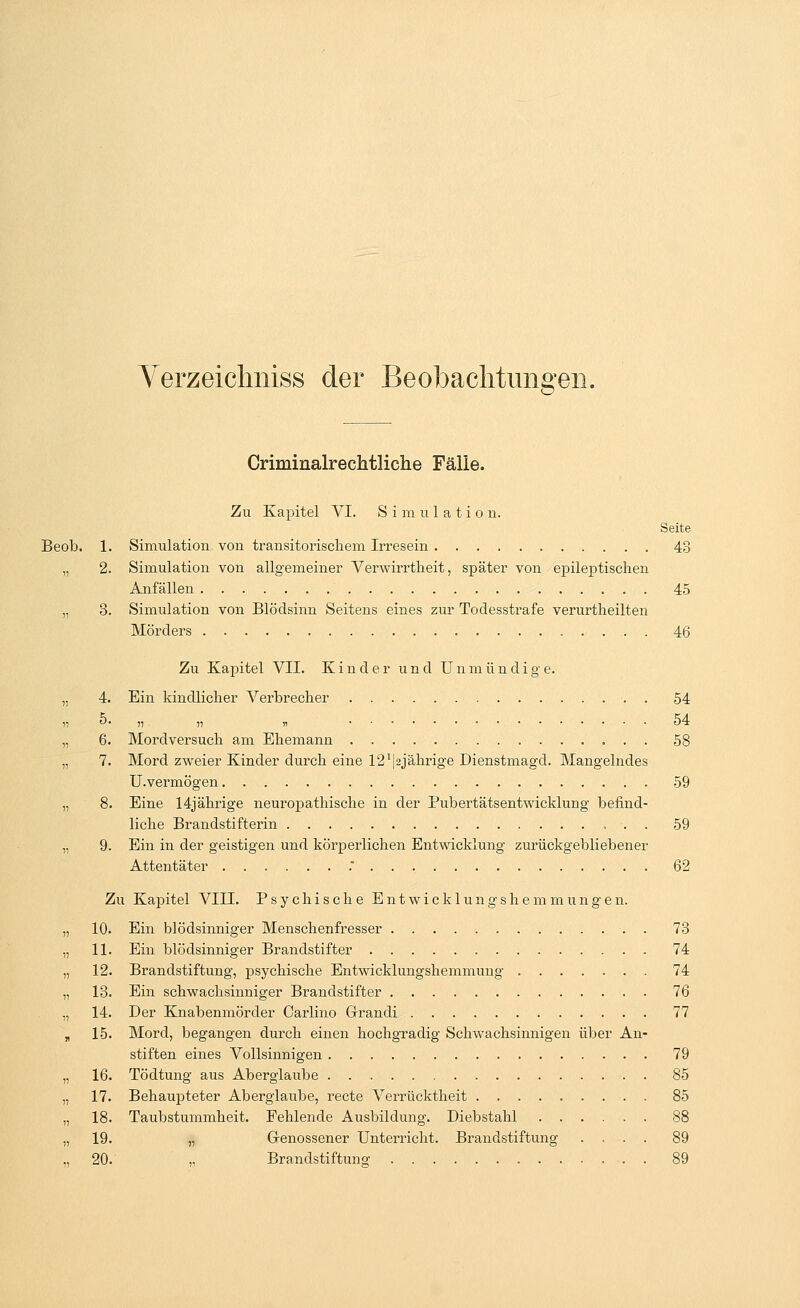 Verzeichniss der Beobachtungen. Criminalrechtliche Fälle. Zu Kapitel VI. Simulation. Seite Beob. 1. Simulation von transitorischem Irresein 43 „ 2. Simulation von allgemeiner Verwirrtheit, später von epileptischen Anfällen 45 „ 3. Simulation von Blödsinn Seitens eines zur Todesstrafe verurtheilten Mörders 46 Zu Kapitel VII. Kinder und Unmündige. „ 4. Ein kindlicher Verbrecher . 54 ?i 5« n. v ü 54 „ 6. Mordversuch am Ehemann 58 „ 7. Mord zweier Kinder durch eine 12x 12jährige Dienstmagd. Mangelndes U.vermögen 59 „ 8. Eine 14jährige neuropathische in der Pubertätsentwicklung befind- liche Brandstifterin , . . 59 „ 9. Ein in der geistigen und körperlichen Entwicklung zurückgebliebener Attentäter . . 62 Zu Kapitel VIII. Psychische Entwicklungshemmungen. „ 10. Ein blödsinniger Menschenfresser . 73 „ 11. Ein blödsinniger Brandstifter 74 „ 12. Brandstiftung, psychische Entwicklungshemmung 74 „ 13. Ein schwachsinniger Brandstifter . 76 „ 14. Der Knabenmörder Carlino Grandi 77 „ 15. Mord, begangen durch einen hochgradig Schwachsinnigen über An- stiften eines Vollsinnigen 79 „ 16. Tödtung aus Aberglaube 85 „ 17. Behaupteter Aberglaube, recte Verrücktheit 85 „ 18. Taubstummheit. Fehlende Ausbildung. Diebstahl 88 ,, 19. „ Genossener Unterricht. Brandstiftung .... 89 „ 20. „ Brandstiftung1 89