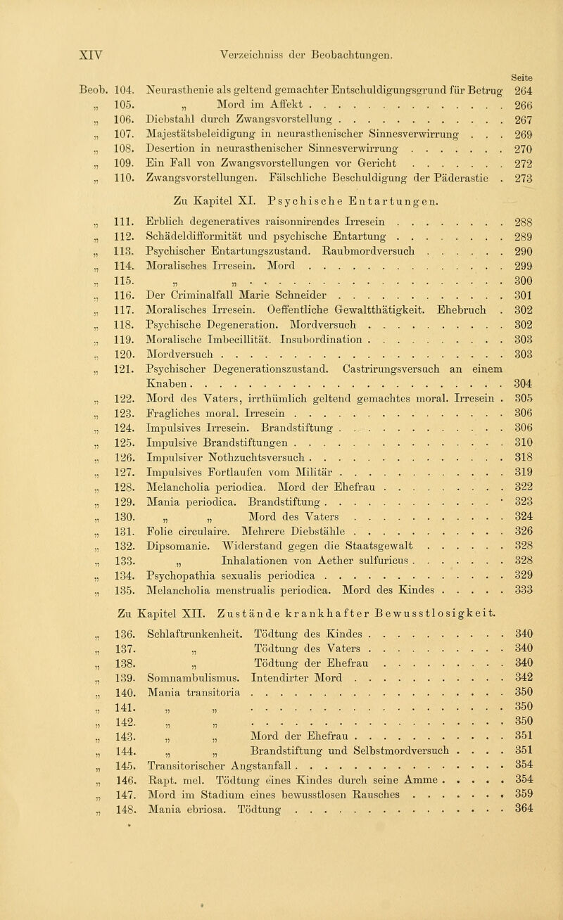 Seite Beob. 104. Neurasthenie als geltend gemachter Entschuldigungsgrund für Betrug 264 „ 105. „ Mord im Affekt 26b „ 106. Diebstahl durch Zwangsvorstellung 267 „ 107. Majestätsbeleidigung in neurasthenischer Sinnesverwirrung . . . 269 „ 108. Desertion in neurasthenischer Sinnesverwirrung 270 „ 109. Ein Fall von Zwangsvorstellungen vor Gericht 272 „ 110. Zwangsvorstellungen. Fälschliche Beschuldigung der Päderastie . 273 Zu Kapitel XI. Psychische Entartungen. „ 111. Erblich degeneratives raisonnirendes Irresein 288 „ 112. Schädeldifformität und psychische Entartung 289 „ 113. Psychischer Entartungszustand. Raubmordversuch 290 „ 114. Moralisches Irresein. Mord 299 „ H5. „ „ 300 ., 116. Der Criminalfall Marie Schneider 301 „ 117. Moralisches Irresein. Oeffentliche Grewaltthätigkeit. Ehebruch . 302 „ 118. Psychische Degeneration. Mordversuch 302 ., 119. Moralische Imbecillität. Insubordination 303 „ 120. Mordversuch 303 „ 121. Psychischer Degenerationszustand. Castrirungsversuch an einem Knaben 304 „ 122. Mord des Vaters, irrthümlich geltend gemachtes moral. Irresein . 305 „ 123. Fragliches moral. Irresein 306 „ 124. Impulsives Irresein. Brandstiftung 306 „ 125. Impulsive Brandstiftungen 310 „ 126. Impulsiver Nothzuchtsversuch 318 „ 127. Impulsives Fortlaufen vom Militär 319 „ 128. Melancholia periodica. Mord der Ehefrau 322 „ 129. Mania periodica. Brandstiftung ' 323 „ 130. „ „ Mord des Vaters 324 „ 131. Folie circulaire. Mehrere Diebstähle 326 „ 132. Dipsomanie. Widerstand gegen die Staatsgewalt 328 „ 133. „ Inhalationen von Aether sulfuricus 328 „ 134. Psychopathia sexualis periodica 329 „ 135. Melancholia menstrualis joeriodica. Mord des Kindes 333 Zu Kapitel XII. Zustände krankhafter Bewusstlosigkeit. „ 136. Schlaftrunkenheit. Tödtung des Kindes 340 „ 137. „ Tödtung des Vaters 340 „ 138. „ Tödtung der Ehefrau 340 „ 139. Somnambulismus. Intendirter Mord 342 „ 140. Mania transitoria 350 „ Hl. „ „ 350 „ 142. „ ,, 350 „ 143. „ „ Mord der Ehefrau 351 „ 144. „ „ Brandstiftung und Selbstmordversuch .... 351 „ 145. Transitorischer Angstanfall 354 „ 146. Rapt. mel. Tödtung eines Kindes durch seine Amme 354 „ 147. Mord im Stadium eines bewusstlosen Rausches 359 „ 148. Mania ebriosa. Tödtung 364