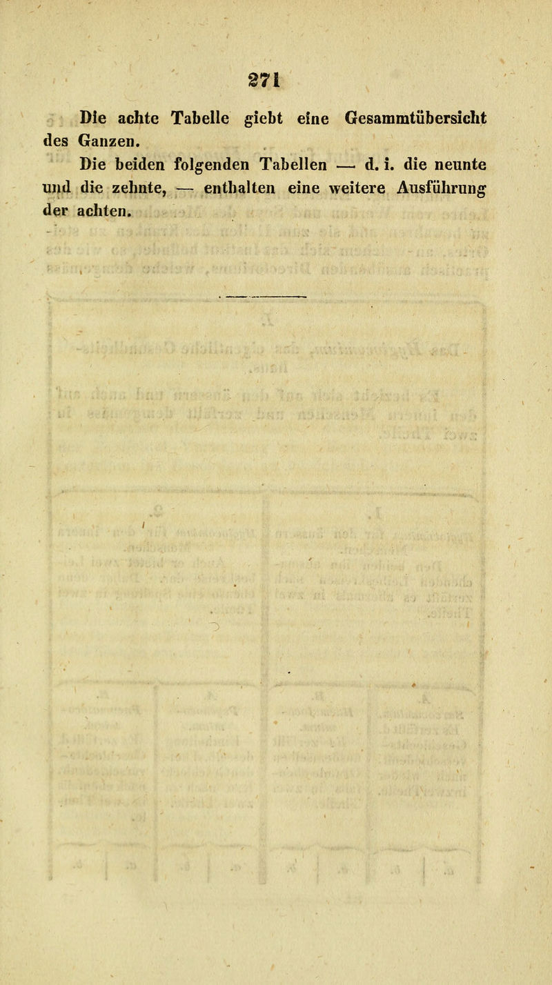 Die achte Tabelle giebt eine Gesammtübersicht des Ganzen. Die beiden folgenden Tabellen — d. i. die neunte und die zehnte, — enthalten eine weitere Ausführung der achten.
