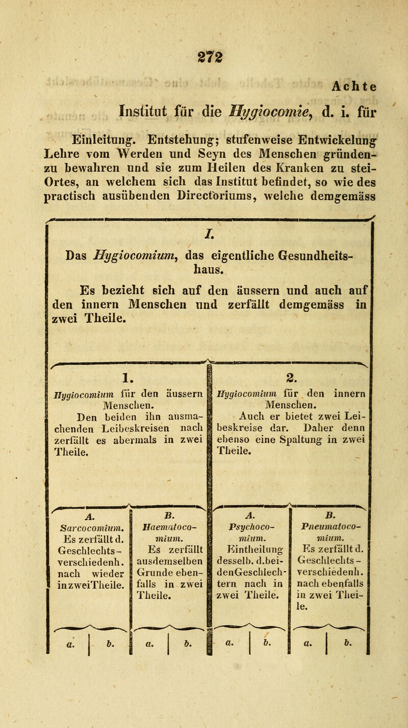 Achte Institut für die Hygiocomie, d. i. für Einleitung. Entstehung; stufenweise Entwicklung Lehre vom Werden und Seyn des Menschen gründen- zu bewahren und sie zum Heilen des Kranken zu stei- Ortes, an welchem sich das Institut befindet, so wie des practisch ausübenden Direcforiums, welche demgemäss Das Hygiocomium, das eigentliche Gesundheits- haus. Es bezieht sich auf den äussern und auch auf den innern Menschen und zerfällt demgemäss in zwei Theile. 1. 2. Hygiocomium für den äussern | Hygiocomiwn für den innern Menschen. Menschen. Den beiden ihn ausma- 1 Auch er bietet zwei Lei eilenden Leibeskreisen nach § beskreise dar. Daher denn zerfällt es abermals in zwei I ebenso eine Spaltung in zwei Theile. I Theile, /*■ A. Sarcoconiium. Es zerfällt d. Geschlechts - verschiedenh. nach wieder in zweiTheile. B. Haematoco- mium. Es zerfällt ausdemselben Grunde eben- falls in zwei Theile. «. I > j A. J9. Psychoco- Pneumatoco- mium. mium. Einteilung Es zerfällt d. desselb. d.bei- Geschlechts- denGeschlech- verschiedenh. tern nach in nach ebenfalls zwei Theile. in zwei Thei- le. a. b. a. b.