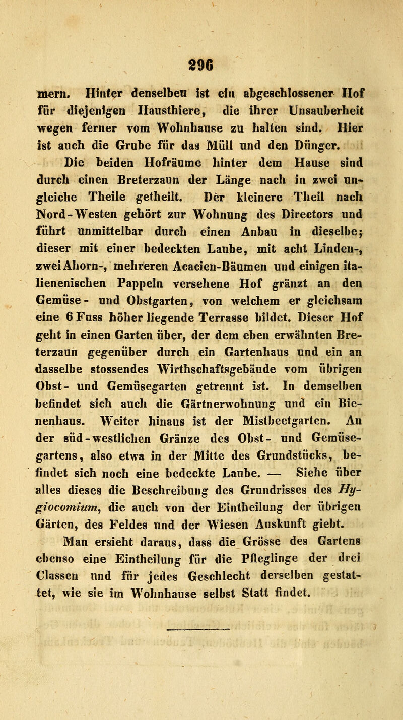 396 mern. Hinter denselben ist ein abgeschlossener Hof für diejenigen Hausthiere, die ihrer Unsauberheit wegen ferner vom Wohnhause zu halten sind. Hier ist auch die Grube für das Müll und den Dünger. Die beiden Hofräume hinter dem Hause sind durch einen Breterzaun der Länge nach in zwei un- gleiche Theile getheilt. Der kleinere Theil nach Nord-Westen gehört zur Wohnung des Directors und führt unmittelbar durch einen Anbau in dieselbe; dieser mit einer bedeckten Laube, mit acht Linden-, zwei Ahorn-, mehreren Acacien-Bäumen und einigen ita- lienenischen Pappeln versehene Hof gränzt an den Gemüse- und Obstgarten, von welchem er gleichsam eine 6 Fuss höher liegende Terrasse bildet. Dieser Hof geht in einen Garten über, der dem eben erwähnten Bre- terzaun gegenüber durch ein Gartenhaus und ein an dasselbe stossendes Wirthschaftsgebäude vom übrigen Obst- und Gemüsegarten getrennt ist. In demselben befindet sich auch die Gärtnerwohnung und ein Bie- nenhaus. Weiter hinaus ist der Mistbeetgarten. An der süd - westlichen Gränze des Obst- und Gemüse- gartens, also etwa in der Mitte des Grundstücks, be- findet sich noch eine bedeckte Laube. — Siehe über alles dieses die Beschreibung des Grundrisses des Hy- giocomium, die auch von der Eintheilung der übrigen Gärten, des Feldes und der Wiesen Auskunft giebt. Man ersieht daraus, dass die Grösse des Gartens ebenso eine Eintheilung für die Pfleglinge der drei Classen nnd für jedes Geschlecht derselben gestat- tet, wie sie im Wohnhause selbst Statt findet.