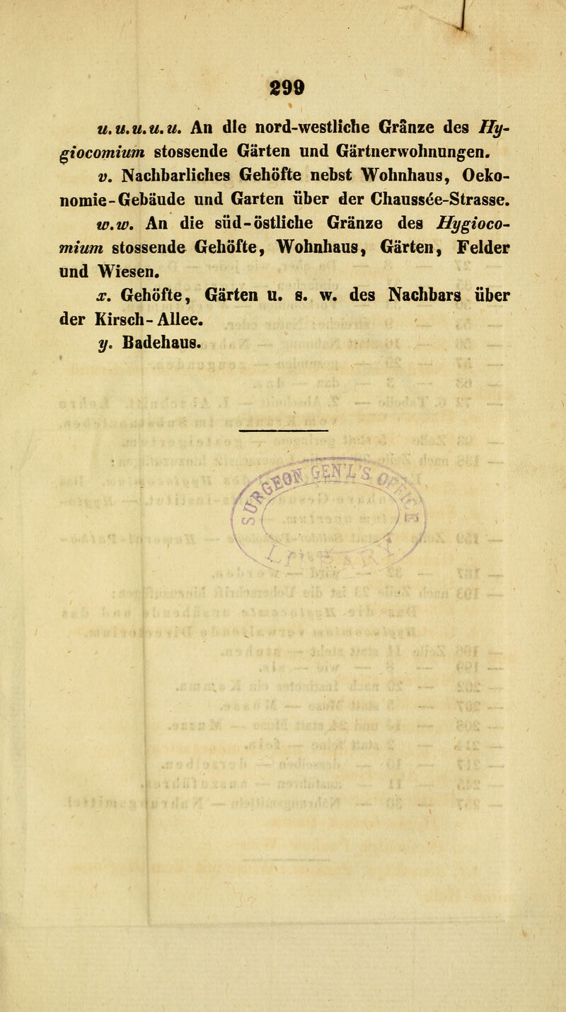 J 299 u, u.u. u.u. An die nord-westliche Gränze des Hy~ giocomium stossende Gärten und Gärtnerwohnungen. v. Nachbarliches Gehöfte nebst Wohnhaus, Oeko- nomie- Gebäude und Garten über der Chaussce-Strasse. w.w. An die süd- östliche Gränze des Hygioco- mium stossende Gehöfte, Wohnhaus, Gärten, Felder und Wiesen, x. Gehöfte, Gärten u. 8. w. des Nachbars über der Kirsch-Allee. y. Badehaus. W(