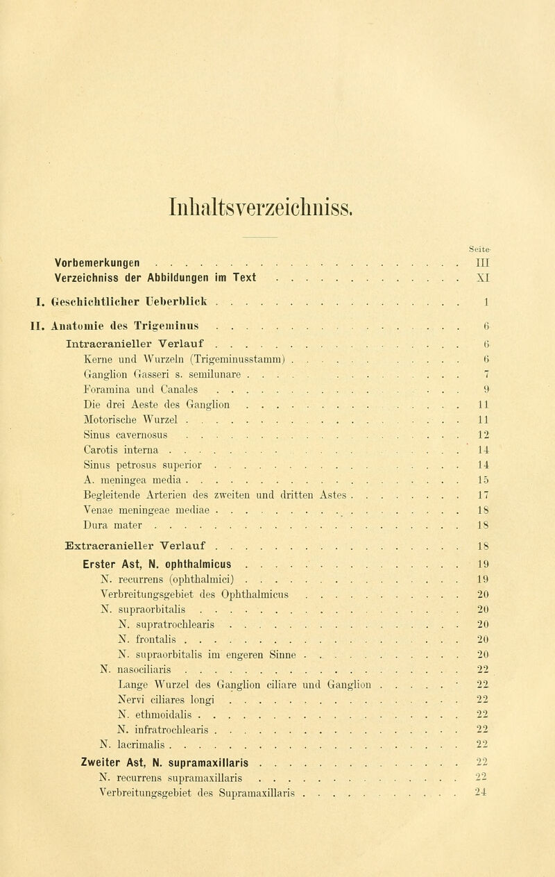 Inlialtsverzeichiiiss. Seite- Vorbemerkungen III Verzeichniss der Abbildungen im Text . XI I. tfescliicMliclier Ueberblick . 1 II. Anatomie des Trigeiiiinus 6 Intracranieller Verlauf 6 Kerne und Wurzeln (Trigeminusstamm) 6 Ganglion Gasseri s. semilunare 7 Foramina und Canales 9' Die drei Aeste des Ganglion . 11 Motorische Wurzel 11 Sinus cavernosus 12 Carotis interna 14 Sinus petrosus superior 14 A. meningea media 15 Begleitende Arterien des zweiten und dritten Astes 17 Venae meningeae mediae 18 Dura mater 18 Extracranieller Verlauf . 18 Erster Ast, N. ophthalmicus 19 N. recurrens (ophthalmici) 19 Verbreitungsgebiet des Ophthalmicus 20 N. supraorbitalis 20 N. supratrochlearis 20 N. frontalis 20 N. supraorbitalis im engeren Sinne . 20 N. nasociliaris 22 Lange Wurzel des Ganglion ciliare und Ganglion ■ 22 Nervi ciliares longi 22 N. ethmoidalis 22 N. inftatrochlearis 22 N. lacrimalis 22 Zweiter Ast, N. supramaxiilaris 22 N. recurrens supramaxiilaris 22 Verbreitungsgebiet des Supramaxiilaris 24