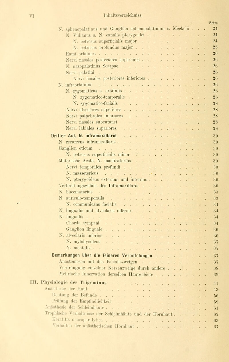 Seite N. sphenopalatiniis und Ganglion sphenopalatinum s. Meckelii ... 2-1 N. Vidianiis s. N. canalis pterygoidei 24 N. petrosus superficialis major 24 N. petrosus profundus major 25 Kami orbitales • . 26 Nervi nasales posteriores superiores 26 N. nasopalatinus Scarpae 26 Nervi palatini 26 Nervi nasales posteriores inferiores ... 26 N. infraorbitalis 26 N. zygomaticus s. orbitalis 26 N. zygomatieo-tcmporalis 26 N. zj'goraatico-facialis 28 Nervi alveolares superiores 28 Nervi palpebrales inferiores . . 28 Nervi nasales subcutanei . . 28 Nervi labiales superiores 28 Dritter Ast, N. inframaxillaris 30 N. recurrens inframaxillaris 30 Ganglion oticum 30 N. petrosus superficialis minor .' 30 Motorische Aeste, N. masticatorius 30 Nervi temporales profundi 30 N. massetericus > 30 N. pterygoideus externus und internus 30 Verbreitungsgebiet des Inframaxillaris 30 N. buccinatorius 33 N. auriculo-teraporalis 33 N. communicans facialis 34 N. lingualis und alveolaris inferior . 34 N. lingualis 34 Chorda tympani 34 Ganglion linguale 36 N. alveolaris inferior 36 N. mylohyoideus 37 N. mentalis 37 Bemerkungen über die feineren Verästelungen 37 Anastumoscn mit dun Facialiszweigen 37 Verdrängung einzelner Nervenzweige durch andere 38 ]\Iolirriiclie Innervation derselben Hautgebiete 39 III. riijsiologic dos Trigcmiiius 41 Anästhesie der Haut 43 Deutung der Befunde ... 56 Prüfung der Empfindliclikoit 59 Anästhesie der Scldeimliäuto 61 Tro])l)ische Verhältnisse der Schleimhäute und der Hornhaut 62 Keratitis neuroparalytica ^\•^ Verhalten der anästhoti-schen Hondiaut 67