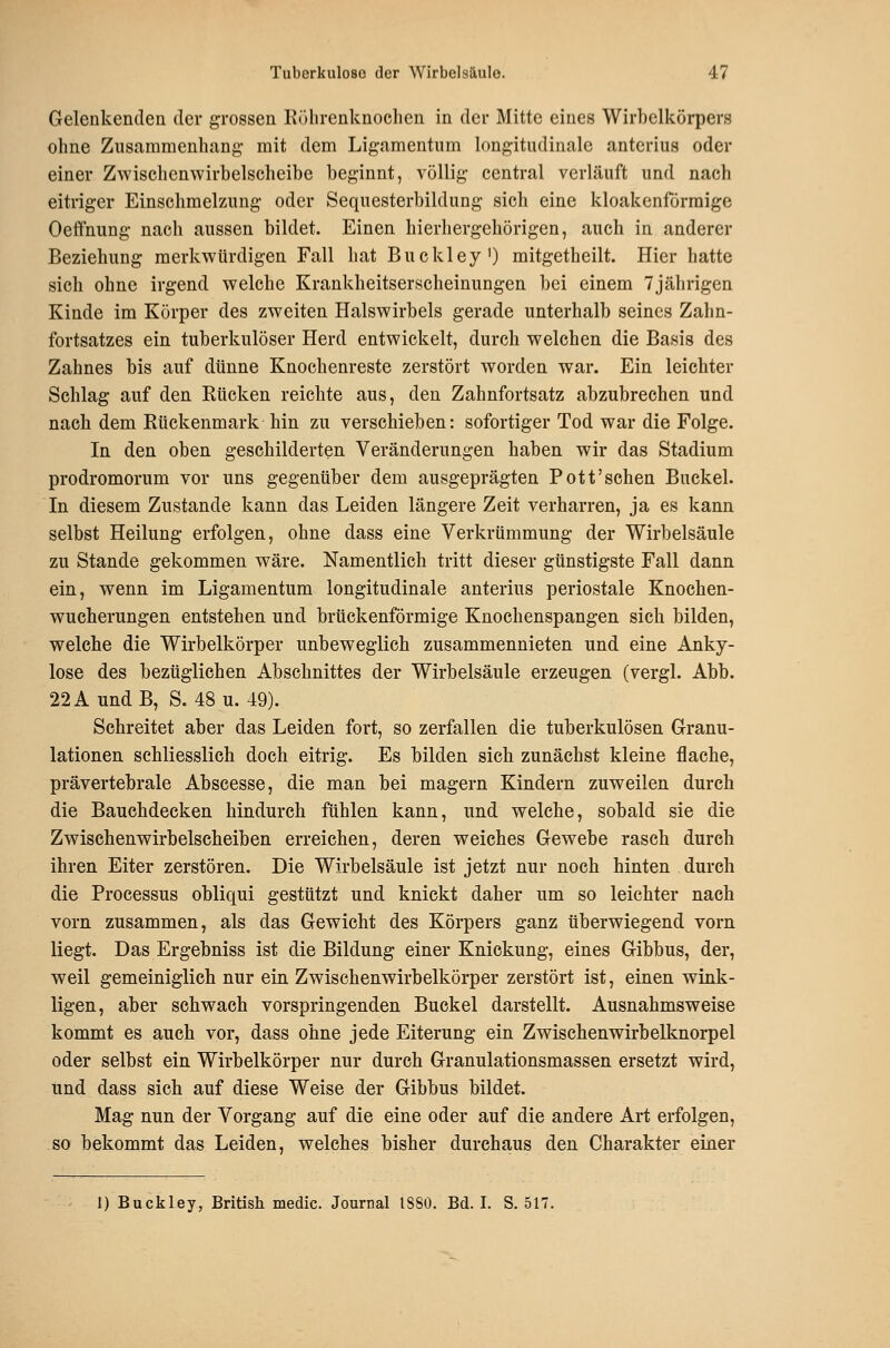 Gelenkenden der grossen Röhrenknochen in der Mitte eines Wirhclkörpers ohne Zusammenhang- mit dem Ligamentum longitudinale antcrius oder einer Zwischenwirbelscheibe beginnt, völlig central verläuft und nach eitriger Einschmelzung oder Sequesterbildung sich eine kloakenförmige Oeifnung nach aussen bildet. Einen hierliergehörigen, auch in anderer Beziehung merkwürdigen Fall hat Buckley') mitgetheilt. Hier hatte sieh ohne irgend welche Krankheitserscheinungen bei einem 7jährigen Kinde im Körper des zweiten Halswirbels gerade unterhalb seines Zahn- fortsatzes ein tuberkulöser Herd entwickelt, durch welchen die Basis des Zahnes bis auf dünne Knochenreste zerstört worden war. Ein leichter Schlag auf den Rücken reichte aus, den Zahnfortsatz abzubrechen und nach dem Rückenmark hin zu verschieben: sofortiger Tod war die Folge. In den oben geschilderten Veränderungen haben wir das Stadium prodromorum vor uns gegenüber dem ausgeprägten Pott'sehen Buckel. In diesem Zustande kann das Leiden längere Zeit verharren, ja es kann selbst Heilung erfolgen, ohne dass eine Verkrümmung der Wirbelsäule zu Stande gekommen wäre. Namentlich tritt dieser günstigste Fall dann ein, wenn im Ligamentum longitudinale anterius periostale Knochen- wucherungen entstehen und brückenförmige Knochenspangen sich bilden, welche die Wirbelkörper unbeweglich zusammennieten und eine Anky- lose des bezüglichen Abschnittes der Wirbelsäule erzeugen (vergl. Abb. 22 A undB, S. 48 u. 49). Schreitet aber das Leiden fort, so zerfallen die tuberkulösen Granu- lationen schliesslich doch eitrig. Es bilden sich zunächst kleine flache, prävertebrale Abscesse, die man bei magern Kindern zuweilen durch die Bauchdecken hindurch fühlen kann, und welche, sobald sie die Zwischenwirbelscheiben erreichen, deren weiches Gewebe rasch durch ihren Eiter zerstören. Die Wirbelsäule ist jetzt nur noch hinten durch die Processus obliqui gestützt und knickt daher um so leichter nach vorn zusammen, als das Gewicht des Körpers ganz überwiegend vorn liegt. Das Ergebniss ist die Bildung einer Knickung, eines Gibbus, der, weil gemeiniglich nur ein Zwischenwirbelkörper zerstört ist, einen wink- ligen, aber schwach vorspringenden Buckel darstellt. Ausnahmsweise kommt es auch vor, dass ohne jede Eiterung ein Zwischenwirbelknorpel oder selbst ein Wirbelkörper nur durch Granulationsmassen ersetzt wird, und dass sich auf diese Weise der Gibbus bildet. Mag nun der Vorgang auf die eine oder auf die andere Art erfolgen, so bekommt das Leiden, welches bisher durchaus den Charakter einer 1) Buckley, Britisli medic. Journal 1880. Bd. I. S. 517.