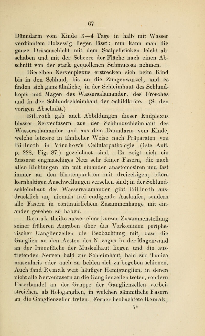 Dünndarm vom Kinde 3—4 Tage in halb mit Wasser verdünntem Holzessig liegen lässt: nun kann man die ganze Drüsenscliicht mit dem Scalpellrücken leicht ab- schaben und mit der Scheere der Fläche nach einen Ab- schnitt von der stark gequollenen Submucosa nehmen. Dieselben Nervenplexus erstrecken sich beim Kind bis in den Schlund, bis an die Zungenwurzel, und es finden sich ganz ähnliche, in der Schleimhaut des Schlund- kopfs und Magen des Wassersalamander, des Frosches und in der Schlundschleimhaut der Schildkröte. (S. den vorigen Abschnitt.) Billroth gab auch Abbildungen dieser Endplexus blasser Nervenfasern aus der Schlundschleimhaut des Wassersalamander und aus dem Dünndarm vom Kinde, welche letztere in ähnlicher Weise nach Präparaten von Billroth in Virchow's Cellularpathologie (Iste Aufl. p. 228. Fig. 87.) gezeichnet sind. Es zeigt sich ein äusserst engmaschiges Netz sehr feiner Fasern, die nach allen Richtungen hin mit einander anastomosiren und fast immer an den Knotenpunkten mit dreieckigen, öfters kernhaltigen Anschwellungen versehen sind; in der Schlund- schleimhaut des Wassersalamander gibt Billroth aus- drücklich an^ niemals frei endigende Ausläufer, sondern alle Fasern in continuirlichem Zusammenhange mit ein- ander gesehen zu haben. Remak theilte ausser einer kurzen Zusammenstellung seiner früheren Angaben über das Vorkommen periphe- rischer Ganglienzellen die Beobachtung mit, dass die Ganglien an den Aesten des N. vagus in der Magenwand an der Innenfläche der Muskelhaut liegen und die aus- tretenden Nerven bald zur Schleimhaut, bald zur Tunica muscularis oder auch zu beiden sich zu begeben schienen. Auch fand Remak weit häufiger Hemiganglien, in denen nicht alle Nervenfasern an die Ganglienzellen treten, sondern Faserbündel an der Gruppe der Ganglienzellen vorbei- streichen, als Hologanglien, in welchen sämmtliche Fasern an die Ganglienzellen treten. Ferner beobachtete Remak,