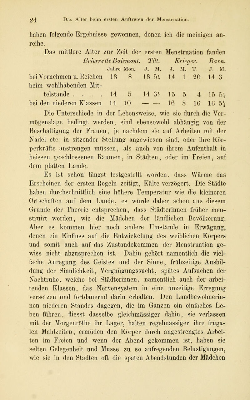 haben folgende Ergebnisse gewonnen, denen ich die meinigen an- reihe. Das mittlere Alter zur Zeit der ersten Menstruation fanden Brierre de Boismont. Tut. Krieger. Ravn. Jahre Mon. J. M. J. M. T J. M. bei Vornehmen u. Reichen 13 8 13 5| 14 1 20 14 3 beim wohlhabenden Mit- telstande .... 14 5 14 3l; 15 5 4 15 5t bei den niederen Klassen 14 10 — — 16 8 16 16 5k Die Unterschiede in der Lebensweise, wie sie durch die Ver- mögenslage bedingt werden, sind ebensowohl abhängig von der Beschäftigung der Frauen, je nachdem sie auf Arbeiten mit der Nadel etc. in sitzender Stellung angewiesen sind, oder ihre Kör- perkräfte anstrengen müssen, als auch von ihrem Aufenthalt in heissen geschlossenen Räumen, in Städten, oder im Freien, auf dorn platten Lande. Es ist schon längst festgestellt worden, dass Wärme das Erscheinen der ersten Regeln zeitigt, Kälte verzögert. Die Städte haben durchschnittlich eine höhere Temperatur wie die kleineren Ortschaften auf dem Lande, es würde daher schon aus diesem Grunde der Theorie entsprechen, dass Städterinnen früher men- struirt werden, wie die Mädchen der ländlichen Bevölkerung. Aber es kommen hier noch andere Umstände in Erwägung, denen ein Einfluss auf die Entwickelung des weiblichen Körpers und somit auch, auf das Zustandekommen der Menstruation ge- wiss nicht abzusprechen ist. Dahin gehört namentlich die viel- fache Anregung des Geistes und der Sinne, frühzeitige Ausbil- dung der Sinnlichkeit, Vergnügungssucht, spätes Aufsuchen der Nachtruhe, welche bei Städterinnen, namentlich auch der arbei- tenden Klassen, das Nervensystem in eine unzeitige Erregung versetzen und fortdauernd darin erhalten. Den Landbewohnerin- nen niederen Standes dagegen, die im Ganzen ein einfaches Le- ben führen, fliesst dasselbe gleichmässiger dahin, sie verlassen mit der Morgenröthe ihr Lager, halten regelmässiger ihre fruga- len Mahlzeiten, ermüden den Körper durch angestrengtes Arbei- ten im Freien und wenn der Abend gekommen ist, haben sie selten Gelegenheit und Müsse zu so aufregenden Belustigungen, wie sie in den Städten oft die späten Abendstunden der Mädchen