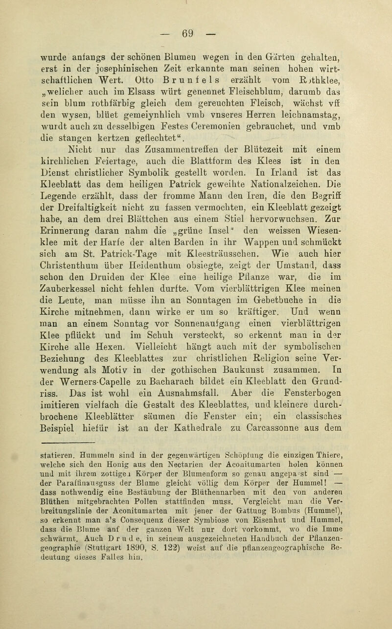 wurde anfangs der schönen Blumeu wegen in den Garten gehalten, erst in der josephinisehen Zeit erkannte man seinen hohen wirt- schaftlichen Wert. Otto Brunfels erzählt vom Rjthklee, „weliclier auch im Elsass würt genennet Fleischblum, darumb das sein blum rothfärbig gleich dem gereuchten Fleisch, wächst vff den wysen, blüet gemeiynhlich vmb vnseres Herren leichnamstag, wurdt auch zu desselbigen Festes Ceremonien gebrauchet, und vmb die stangen kertzen geflechtet. Nicht nur das Zusammentreffen der Blütezeit mit einem kirchlichen Feiertage, auch die Blattform des Klees ist in den Dienst christlicher Symbolik gestellt worden. In Irland ist das Kleeblatt das dem heiligen Patrick geweihte Nationalzeichen. Die Legende erzählt, dass der fromme Mann den Iren, die den Begriff der Dreifaltigkeit nicht zu fassen vermochten, ein Kleeblatt gezeigt habe, an dem drei Blättchen aus einem Stiel hervorwuchsen. Zar Erinnerung daran nahm die „grüne Insel den weissen Wiesen- klee mit der Harfe der alten Barden in ihr Wappen und schmückt sich am St. Patrick-Tage mit Kleesträusschen. Wie auch hier Christenthum über Heidenthum obsiegte, zeigt der Umstand, dass schon den Druiden der Klee eine heilige Pflanze war, die im Zauberkessel nicht fehlen durfte. Vom vierblättrigen Klee meinen die Leute, man müsse ihn an Sonntagen im Gebetbuche in die Kirche mitnehmen, dann wirke er um so kräftiger. Und wenn man an einem Sonntag vor Sonnenaufgang einen vier blättrigen Klee pflückt und im Schuh versteckt, so erkennt man in der Kirche alle Hexen. Vielleicht hängt auch mit der symbolischen Beziehung des Kleeblattes zur christlichen Religion seine Ver- wendung als Motiv in der gothischen Baukunst zusammen. In der Werners-Capelle zu Bacharach bildet ein Kleeblatt den Grund- riss. Das ist wohl ein Ausnahmsfall. Aber die Fensterbogen imitieren vielfach die Gestalt des Kleeblattes, und kleinere durch- brochene Kleeblätter säumen die Fenster ein; ein classisches Beispiel hiefür ist an der Kathedrale zu Carcassonne aus dem statieren. Hummeln sind in der gegenwärtigen Schöpfung die einzigen Thiere, welche sich den Honig aus den Nectarien der Aconitumarten holen können und mit ihrem zottigei Körper der Blumenform so genau angepa-st sind — der Parafhiiausguss der Blume gleicht völlig dem Körper der Hummel! — dass nothwendig eine Bestäubung der Blüthennarben mit den von anderen Blüthen mitgebrachten Pollen stattfinden muss. Vergleicht man die Ver- breitungslinie der Aconitumarten mit jener der Gattung Bombus (Hummel), so erkennt man a's Consequenz dieser Symbiose von Eisenhut und Hummel, dass die Blume anf der ganzen Welt nur dort vorkommt, wo die Imme schwärmt. Auch D r u d e, in seinem ausgezeichneten Handbuch der Pilanzen- geographie (Stuttgart 1890, S. 122) weist auf die pflanzengeographische Be- deutung dieses Falles hin.