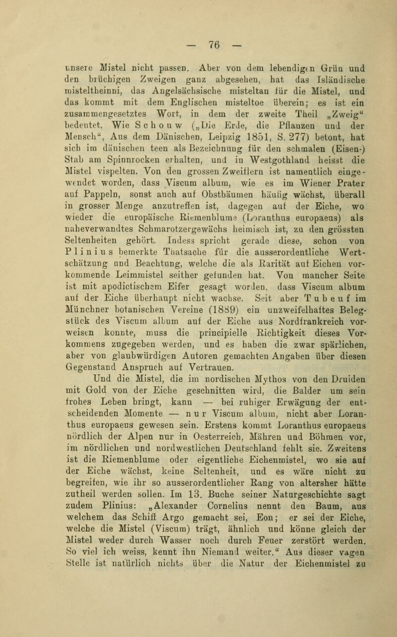 unsere Mistel nicht passen. Aber von dem lebendigtn Grüu und den brüchigen Zweigen ganz abgesehen, hat das Isländische niisteltheinni, das Angelsächsische raisteltan für die Mistel, und das kommt mit dem Englischen misteltoe überein; es ist ein zusammengesetztes Wort, in dem der zweite Theil „Zweig bedeutet, Wie S c h o u w („L»ie Erde, die Pflanzen und der Mensch, Aus dem Dänischen, Leipzig 1851, S. 277) betont, hat sich im dänischen teen als Bezeichnung für den schmalen (Eisen-) Stab am Spinnrocken erhalten, und in Westgothland heisst die Mistel vispelten. Von deu grossen Zweiflern ist namentlich einge- wendet worden, dass Viscum album, wie es im Wiener Prater auf Pappeln, sonst auch auf Obstbäumen häulig wächst, überall in grosser Menge anzutreffen ist, dagegen auf der Eiche, wo wieder die europäische Riemenblume (Loranthus europaeus) als naheverwandtes Schmarotzergewächs heimisch ist, zu den grössten Seltenheiten gehört. Indess spricht gerade diese, schon von P 1 i n i u s bemerkte Tliatsache für die ausserordentliche Wert- schätzung und Beachtung, welche die als Rarität auf Eichen vor- kommende Leimmistel seither gefunden hat. Von mancher Seite ist mit apodictischern Eifer gesagt worden, dass Viscum album auf der Eiche überhaupt nicht wachse. Seit aber T u b e u f im Münchner botanischen Vereine (1889) ein unzweifelhaftes Beleg- stück des Viscum album auf der Eiche aus Nordfrankreich vor- weisen konnte, muss die principielle Richtigkeit dieses Vor- kommens zugegeben werden, und es haben die zwar spärlichen, aber von glaubwürdigen Autoren gemachten Angaben über diesen Gegenstand Anspruch auf Vertrauen. Und die Mistel, die im nordischen Mythos von den Druiden mit Gold von der Eiche geschnitten wird, die ßalder um sein frohes Lehen bringt, kann — bei ruhiger Erwägung der ent- scheidenden Momente — nur Viscum album, nicht aber Loran- thus europaeus gewesen sein. Erstens kommt Loranthus europaeus nördlich der Alpen nur in Oesterreich, Mähren und Böhmen vor, im nördlichen und nordwestlichen Deutschland fehlt sie. Zweitens ist die Riemenblume oder eigentliche Eichenmistel, wo sie auf der Eiche wächst, keine Seltenheit, und es wäre nicht zu begreifen, wie ihr so ausserordentlicher Rang von altersher hätte zutheil werden sollen. Im 13. Buche seiner Naturgeschichte sagt zudem Plinius: „Alexander Cornelius nennt den Baum, aus welchem das Schiff Argo gemacht sei, Eon; er sei der Eiche, welche die Mistel (Viscum) trägt, ähnlich und könne gleich der Mistel weder durch Wasser noch durch Feuer zerstört werden. So viel ich weiss, kennt ihn Niemand weiter. Aus dieser vagen Stelle ist natürlich nichts über die Natur der Eichenmistel zu