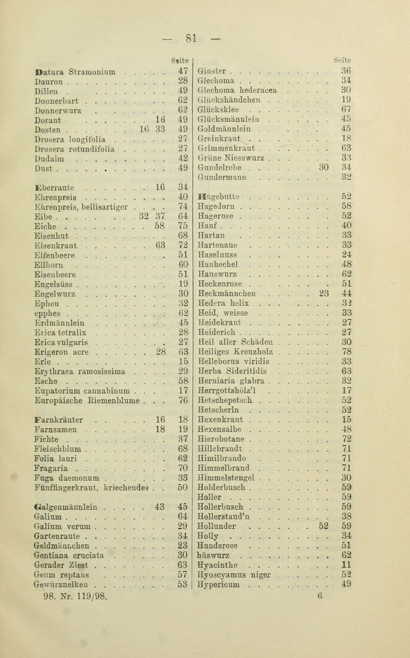 Saite Datura Stranionium 47 Dauron 28 Dillen 49 Donnerbart 62 Donnerwurz 62 Dorant 16 49 Dosten 16 33 49 Drosera longifolia 27 Drosera rotundifolia 27 Dudaim 42 Dust 49 Eberraute 16 34 Ehrenpreis 40 Ehrenpreis, bellisartiger .... 74 Eibe 32 37 64 Eiche 58 75 Eisenhut 68 Eisenkraut 63 72 Elfenbeere 51 Elllioni 60 Elsenbeere 51 Engelsüss 19 Engelwurz 30 Epheu 32 epphes 62 Erdmännlein 45 Eiica tetralix 28 Erica vulgaris 27 Erigeron acre 28 63 Erle 15 Ervthraea ramosissinia .... 29 Esche 58 Eupatoriuru cannabinum ... 17 Europäische Kiemenblume ... 76 Farnkräuter 16 18 Farnsamen 18 19 Fichte 37 Fleischblum 68 Folia lauri 62 Fragaria 70 Fuga daemonum 33 Fünffingerkraut, kriechendes . . 50 Galgenmännlein 43 45 Galium 64 Galium verum 29 Gartenraute 34 Geldmännchen 23 Gentiana craciata 30 Gerader Ziest 63 Geum reptans 57 Gewürznelken 53 98. Nr. 119/98. Seite Ginster 36 Glechoma 34 Glechoma hederacea 30 Glückshändchen 19 Glücksklee 67 Glücksmännlein ....... 45 Goldmännlein 45 Greinkraut . 18 Grimmenkraut 63 Grüne Niesswurz 33 Gundelrebe 30 34 Gundermann 32 Hagebutte 52 Hagedorn . 58 Hagerose 52 Hanf 40 Hartan 33 Hartenaue 33 Haselnuss 24 Hauhechel 48 Hauswurz . 62 Heckenrose . 51 Heckmännchen ... . 23 44 Hedera helix 32 Heid, weisse 33 Heidekraut 27 Heiderich 27 Heil aller Schäden 30 Heiliges Kreuzholz 78 Helleborus viridis 33 Herba Sideritidis 63 Herniaria glabra 32 Herrgottshölz'l 17 Hetschepetsch 52 Hetscherln 52 Hexenkraut 15 Hexensalbe 48 Hierobotane 72 Hillebrandt 71 Himilbrando 71 Himmelbrand 71 Himmelstengel 30 Holderbusch 59 Holler 59 Hollerbusch 59 Hollerstaud'n 38 Hollunder 52 59 Holly 34 Hundsrose 51 hüswurz 62 Hyacinthe . . 11 Hyoscyamus niger 52 Hypericum 49 6