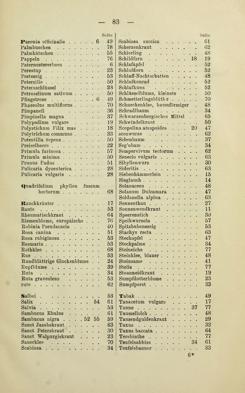 Seite Paeonia officinalis 6 49 Palmbuschen 78 Palmkätzchen 55 Pappeln 76 Paternostererbsen 6 Perestup 23 Pestessig 53 Petersilie 50 Petersschlüssel 23 Petroselinum sativum 50 Pfingstrose 6 49 Phaseolus rrmltiflorus 70 Pimpanell 36 Pinipinella magna 37 Polypodium vulgare 19 Polystichuni Filix mas .... 18 Polytrichuni commune . ... 33 Potentilla repens 50 Preiselbeere 22 Primula farinosa 57 Primula minima 50 Prunus Padus 51 Pulicaria dysenterica 28 Pulicaria vulgaris 28 Quadrifolium phyllon fuscum hortorum 68 Rauchkräuter 17 Eaute 53 Rheumatischkraut 64 Riemenblume, europäische ... 76 Robinia Pseudacacia 40 Rosa canina . . 51 Rosa rubiginosa 53 Rosmarin 53 Rothklee 68 Rue 53 Rundblättrige Glockenblume . . 24 Rupfblume 39 Ruta 34 Ruta graveolens 53 rute 62 Salbei 53 Salix 54 61 Salvia 53 Sambucus Ebulus 61 Sambucus nigra .... 52 55 59 Sanct Jacobskraut 63 San et Peterskraut 30 Sanct Walpurgiskraut .... 23 Sauerklee 70 Scabiosa 34 Seite Scabiosa succisa 61 Scherzenkraut 62 Schierling ... 48 Schildfarn 18 19 Schlafäpfel 52 Schlafdorn 52 Schlaff-Nachtschatten 48 Schlafkonrad . , 52 Schlafkunz 52 Schlüsselblume, kleinste ... 50 Schmetterlingsblütler ..... 70 Schneckenklee, baumförmiger . 48 Schradlbaum 34 Schwarzenbergisches Mittel . . 65 Schwindelkraut 50 Scopolina atropoides ... 20 47 seozwurze 62 Sebenbaum 37 Seg'nbam 34 Sempervivum tectorum .... 62 Senecio vulgaris 63 Sibyllenwurz 30 Sideritis 63 Siebenhämmerlein 15 Sieglauch 14 Solanaceen 48 Solanum Dulcamara 47 Soldanella alpina 63 Sonnenthau 27 Sonnenwendkraut 11 Speeren stich 30 Speikwurzeln 57 Spitzbubenessig 53 Stachys reeta 63 Stechapfel 47 Stechpalme 34 Steineiche 77 Steinklee, blauer 48 Steinsame 41 Stelis 77 Stoanneidkraut 19 Sumpfdotterblume 23 Sumpfporst 33 Tabak 49 Tanacetum vulgare 17 Tanne 37 77 Taumellolch 48 Tausendguldenkraut 29 Taxus 32 Taxus baccata 64 Terebinthe 77 Teufelsabbiss 34 61 Teufelsbanner 33 6*