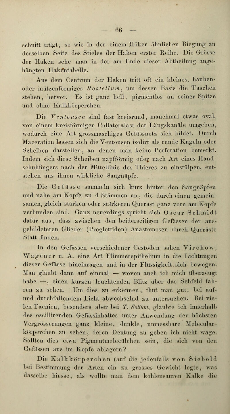 schnitt trägt, so wie in der einem Höker ähnlichen Biegung an derselben Seite des Stieles der Haken erster Eeilie. Die Grösse der Haken sehe man in der am Ende dieser Äbtheilung ange- hängten Hake*ntabelle. Aus dem Centrum der Haken tritt oft ein kleines, hauben- oder mützenförmiges Rostellum, um dessen Basis die Taschen stehen, hervor. Es ist ganz hell, pigmentlos an seiner Spitze und ohne Kalkkörperchen. Die Venlousen sind fast kreisrund, manchmal etwas oval, von einem kreisförmigen Collateralast der Längskanäle umgeben, wodurch eine Art grossmaschiges Gefässnetz sich bildet. Durch Maceration lassen sich die Ventousen isolirt als runde Kugeln oder Scheiben darstellen, an denen man keine Perforation bemerkt. Indem sich diese Scheiben napfförmig oder, nach Art eines Hand- schuhfingers nach der Mittellinie des Thieres zu einstülpen, ent- stehen aus ihnen wirkliche Saugnäpfe. Die Gefässe sammeln sich kurz hinter den Saugnäpfen und nahe am Kopfe zu 4 Stämmen an, die durch einen gemein- samen, gleich starken oder stärkeren Querast ganz vorn am Kopfe verbunden sind. Ganz neuerdings spricht sich Oscar Schmidt dafür aus, dass zwischen den beiderseitigen Gefässen der aus- gebildeteren Glieder (Proglottiden) Anastomosen durch Queräste Statt finden. In den Gefässen verschiedener Cestoden sahen Virchow, Wagen er u. A. eine Art Flimmerepithelium in die Lichtungen dieser Gefässe hineinragen und in der Flüssigkeit, sich bewegen. Man glaubt dann auf einmal — wovon auch ich mich überzeugt habe —, einen kurzen leuchtenden Blitz über das Sehfeld fah- ren zu sehen. Um dies zu erkennen, thut man gut, bei auf- und durchfallendem Licht abwechselnd zu untersuchen. Bei vie- len Taenien, besonders aber bei T. Solium, glaubte ich innerhalb des oscillirenden Gefässinhaltes unter Airwendung der höchsten Vergrösserungen ganz kleine, dunkle, unmessbare Molecular- körperchcn zu sehen, deren Deutung zu geben ich nicht wage. Sollten dies etwa Pigmentmolecülchen sein, die sich von den Gefässen aus im Kopfe ablagern? Die Kalkkörperchen (auf die jedenfalls von Siebold bei Bestimmung der Arten ein zu grosses Gewicht legte, was dasselbe hiesse, als wollte man dem kohlensauren Kalke die